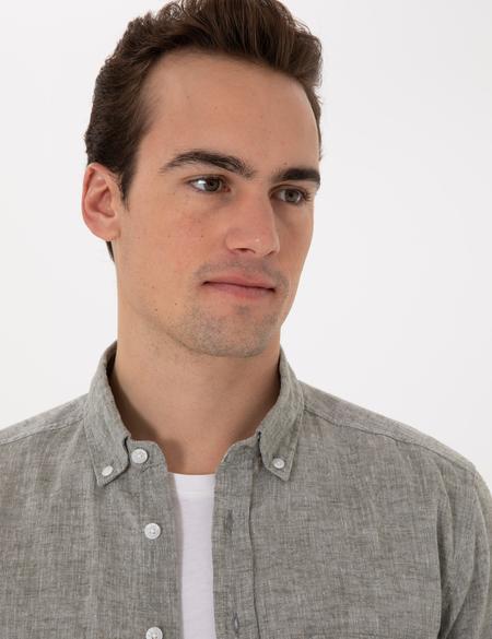 Haki Keten Karışımlı Regular Fit Uzun Kollu Gömlek - 50301752045
