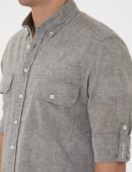 Haki Keten Karışımlı Regular Fit Uzun Kollu Gömlek - 50301752045