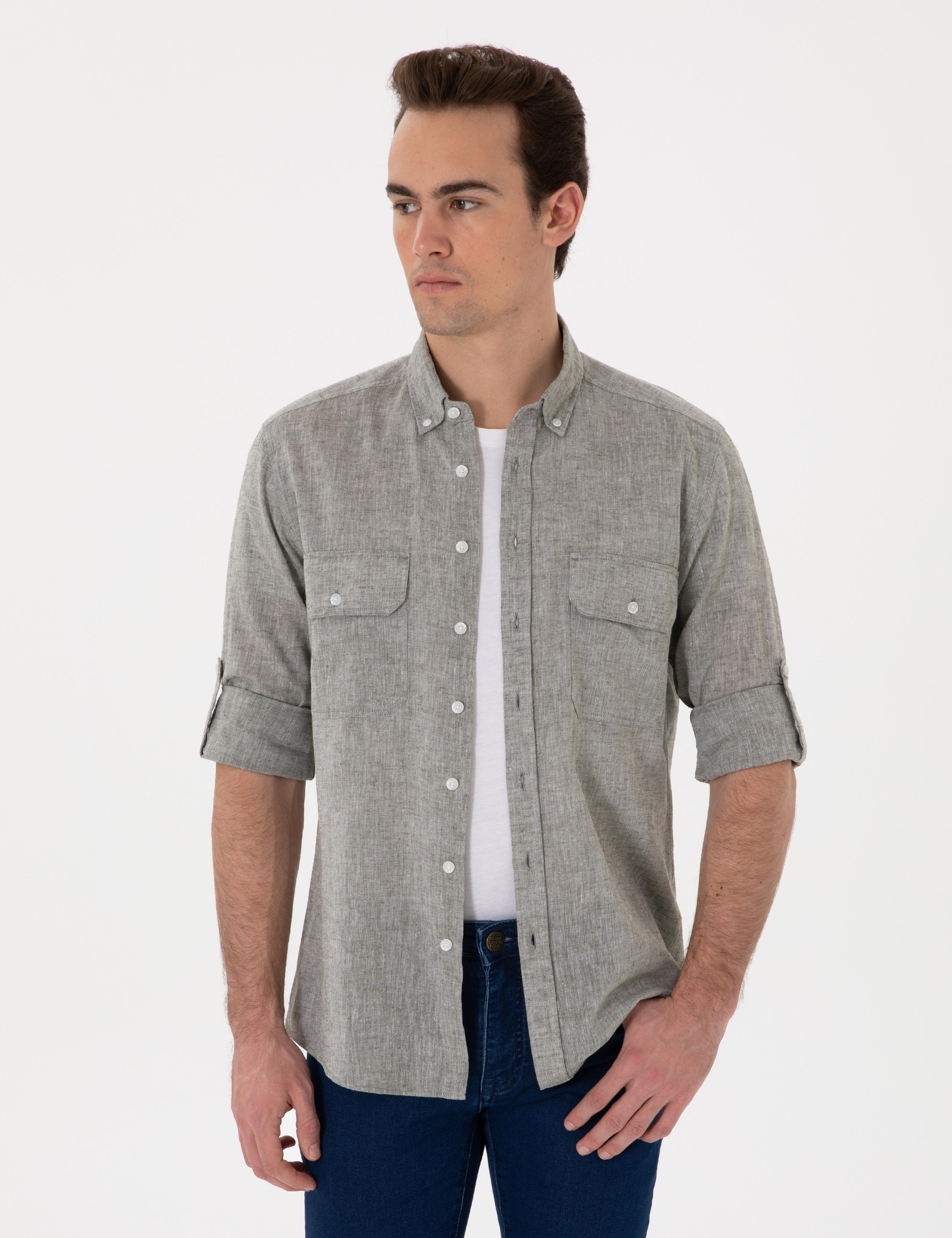 Haki Keten Karışımlı Regular Fit Uzun Kollu Gömlek