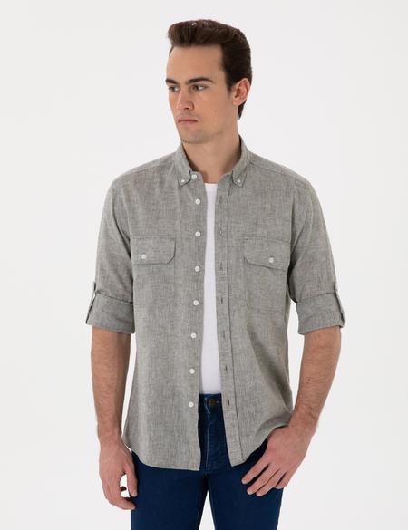 Haki Keten Karışımlı Regular Fit Uzun Kollu Gömlek - 50301752045