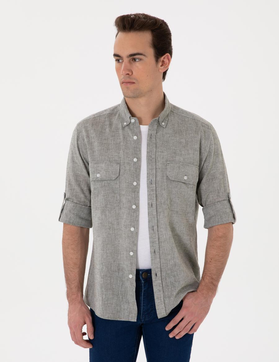 Haki Keten Karışımlı Regular Fit Uzun Kollu Gömlek