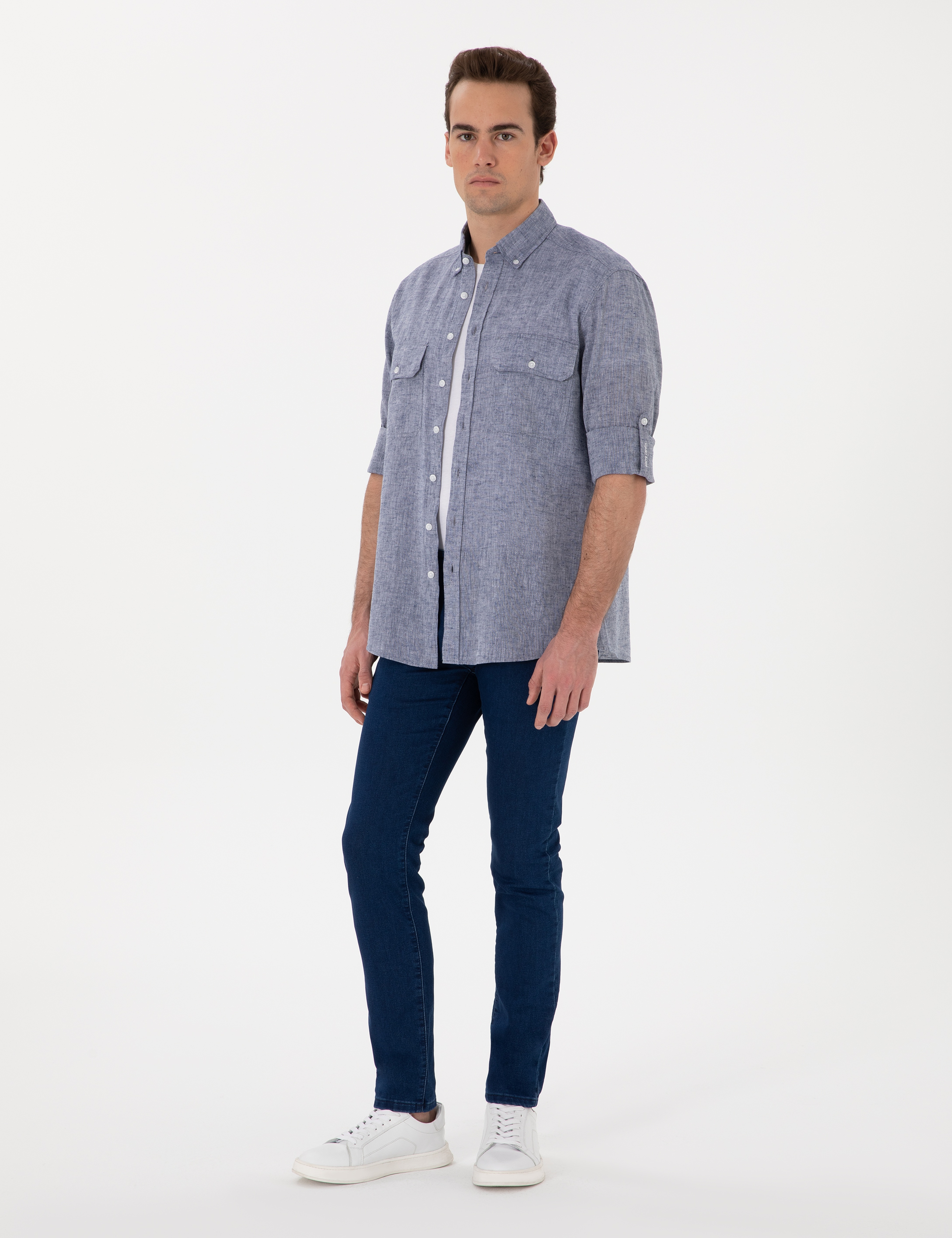 Lacivert Keten Karışımlı Regular Fit Uzun Kollu Gömlek - Image 4