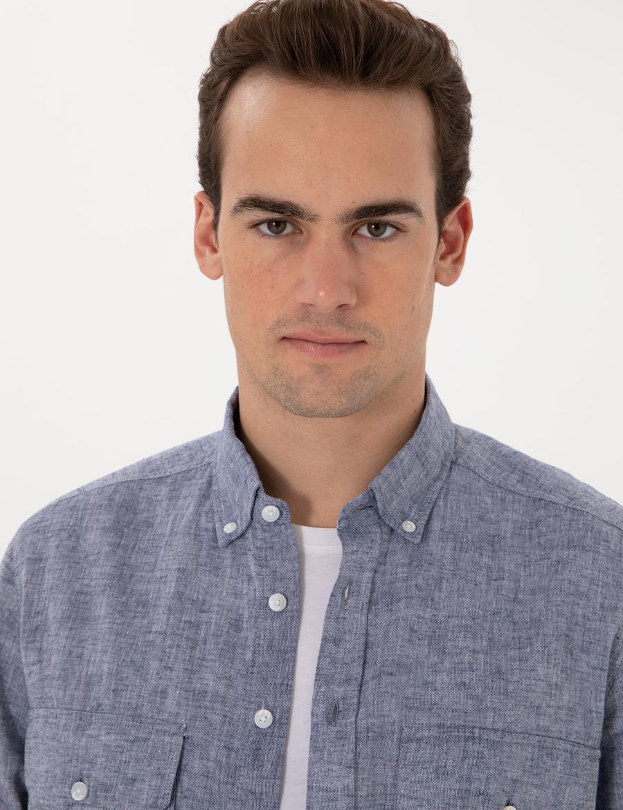 Lacivert Keten Karışımlı Regular Fit Uzun Kollu Gömlek