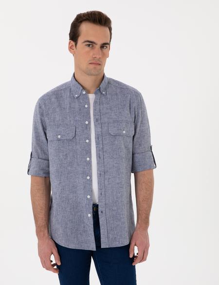 Lacivert Keten Karışımlı Regular Fit Uzun Kollu Gömlek - 50301752028