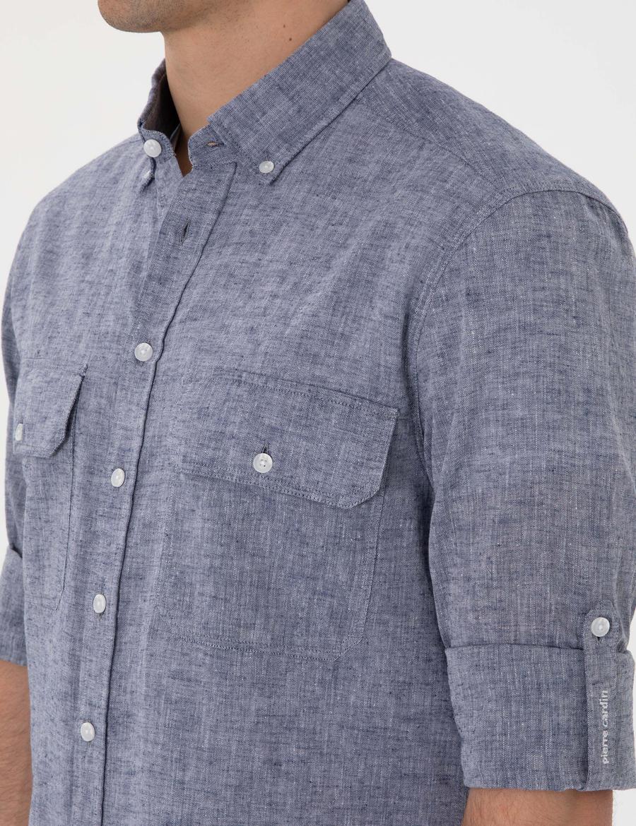 Lacivert Keten Karışımlı Regular Fit Uzun Kollu Gömlek
