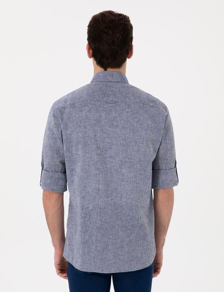 Lacivert Keten Karışımlı Regular Fit Uzun Kollu Gömlek - 50301752028