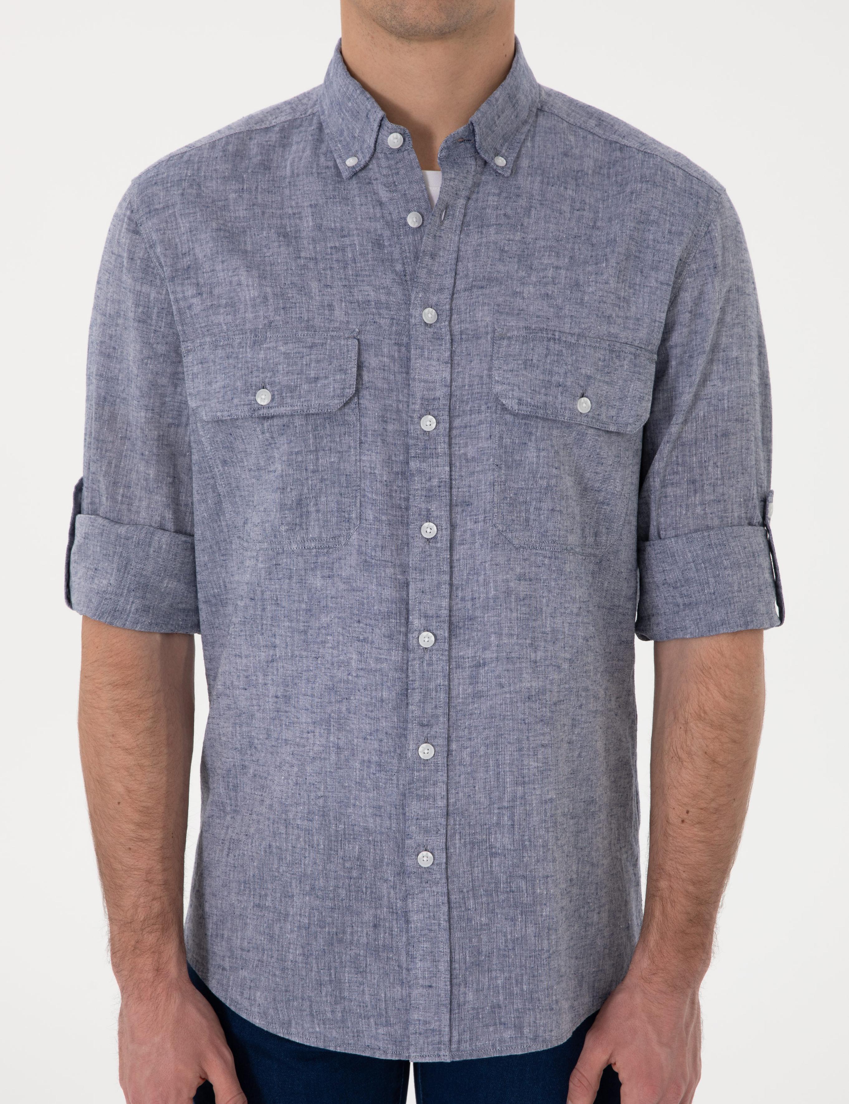 Lacivert Keten Karışımlı Regular Fit Uzun Kollu Gömlek