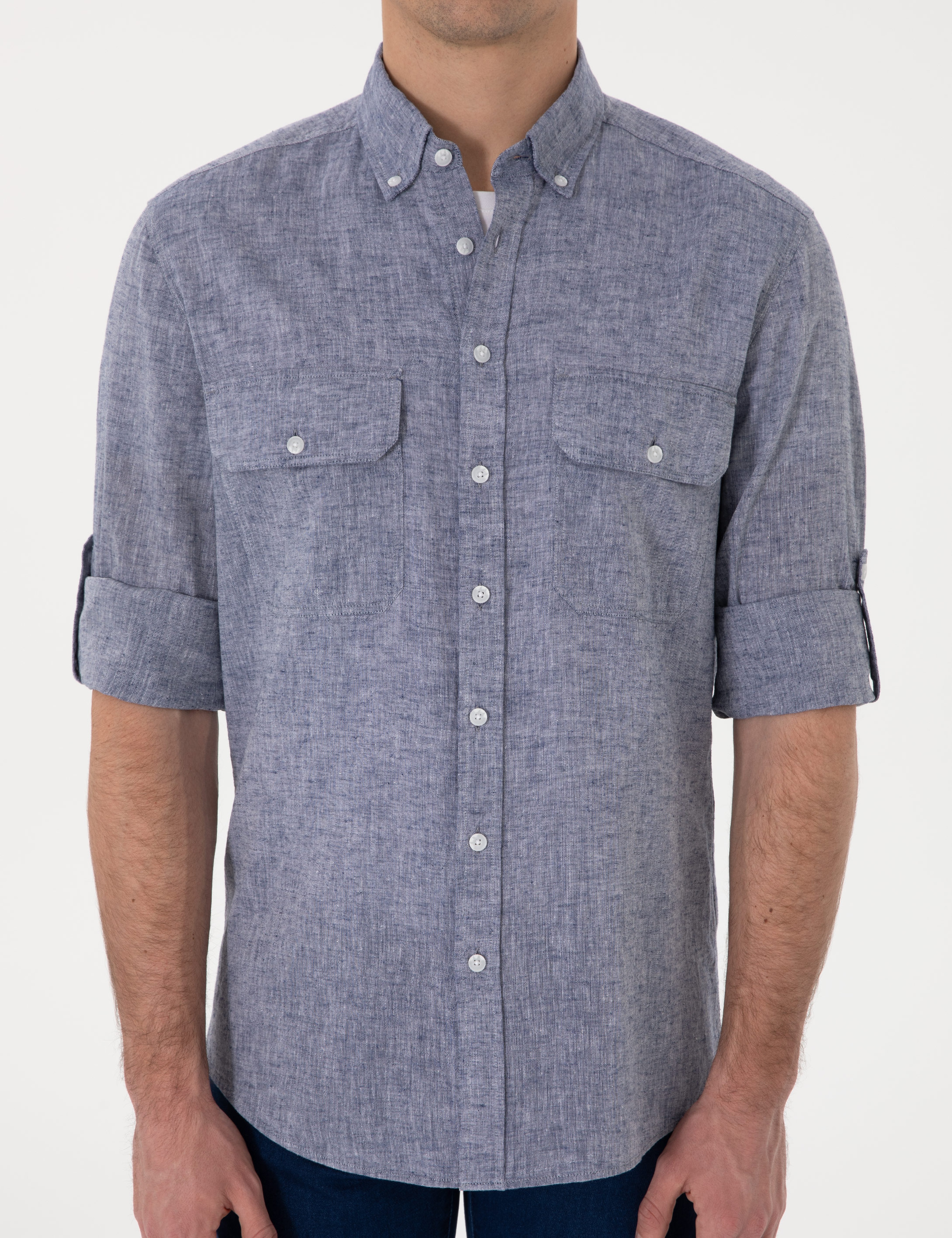 Lacivert Keten Karışımlı Regular Fit Uzun Kollu Gömlek - Image 6