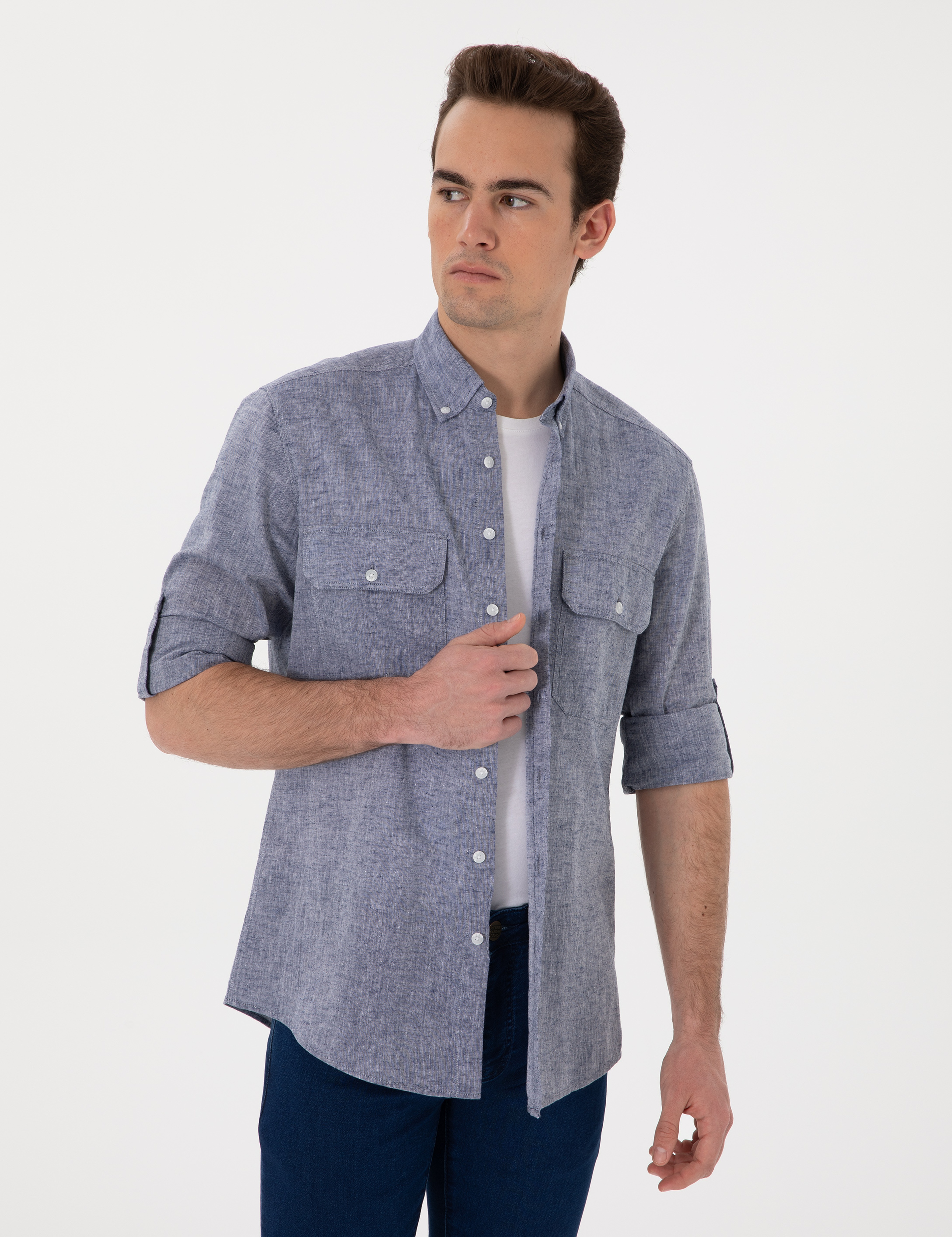 Lacivert Keten Karışımlı Regular Fit Uzun Kollu Gömlek - Image 3