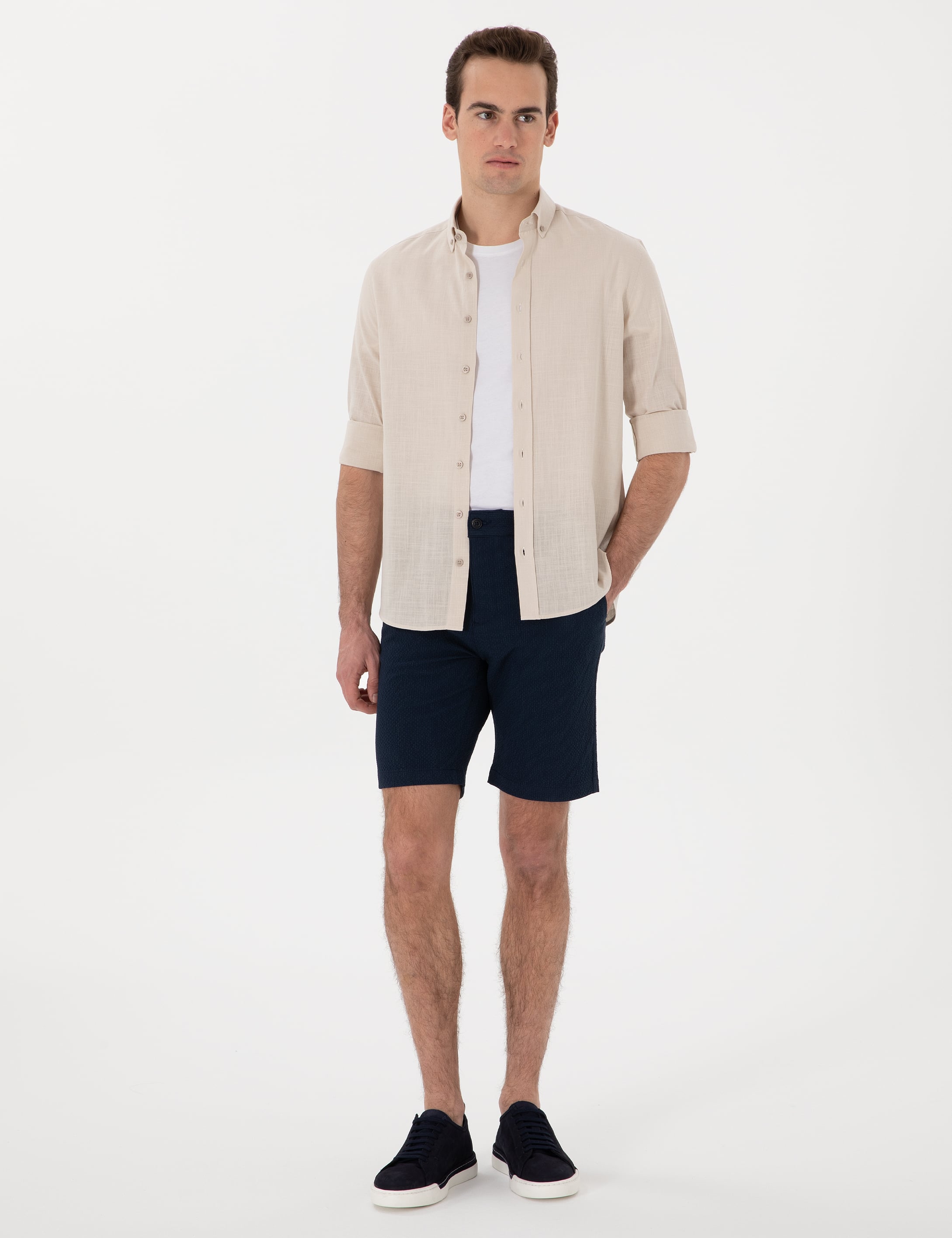 Lacivert Slim Fit Gofre Beli Lastikli Dokuma Şort