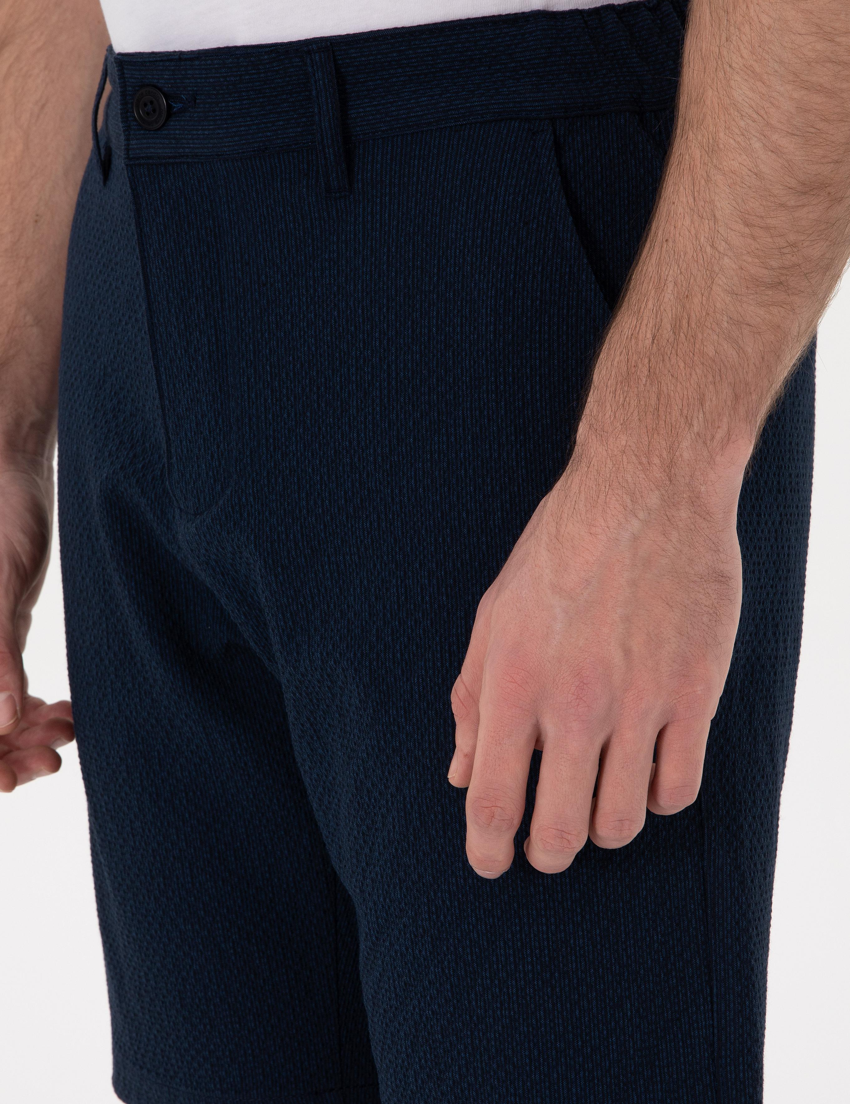 Lacivert Slim Fit Gofre Beli Lastikli Dokuma Şort