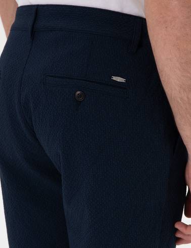 Lacivert Slim Fit Gofre Beli Lastikli Dokuma Şort