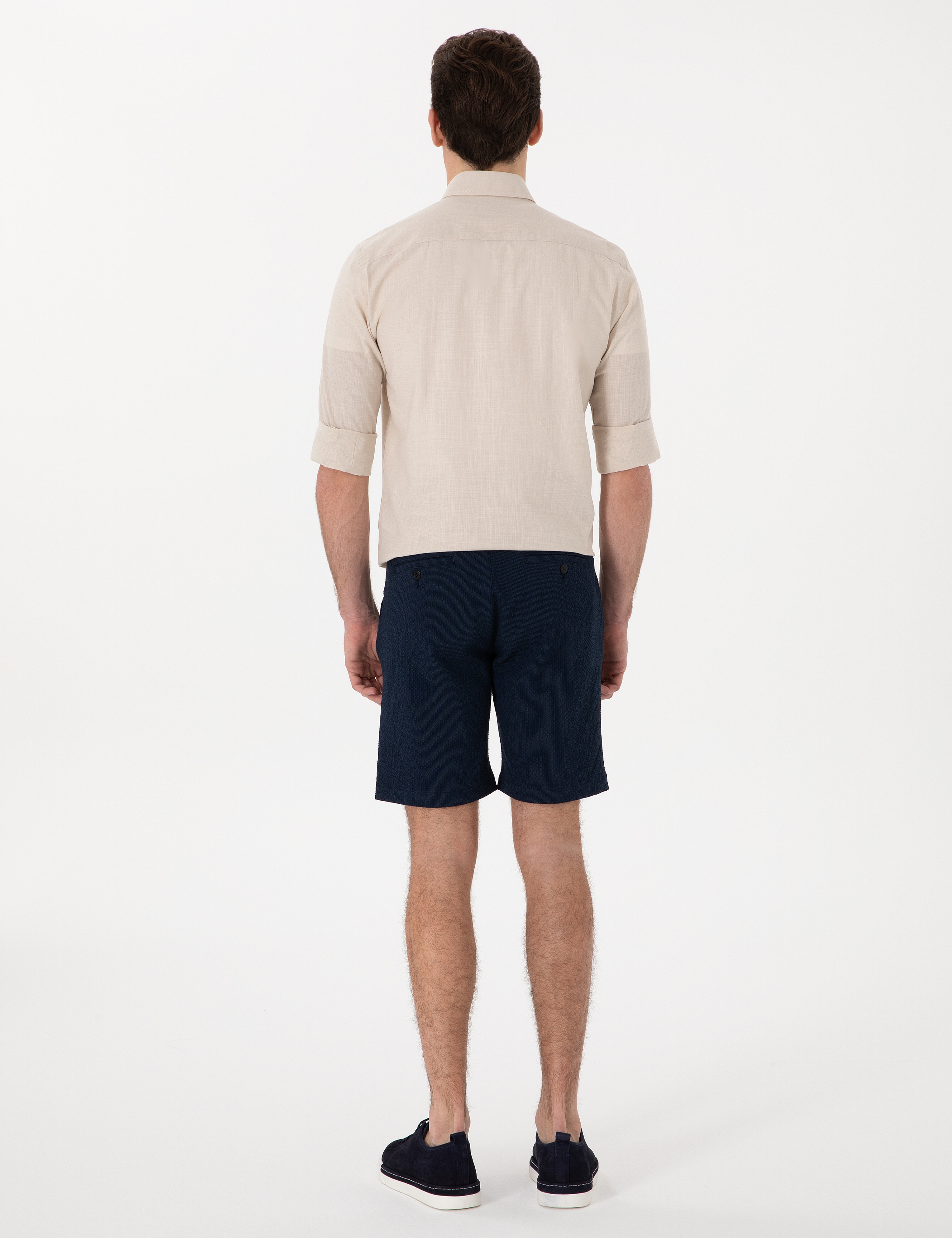 Lacivert Slim Fit Gofre Beli Lastikli Dokuma Şort