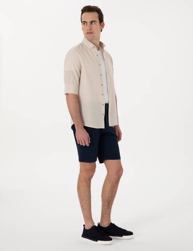 Lacivert Slim Fit Gofre Beli Lastikli Dokuma Şort