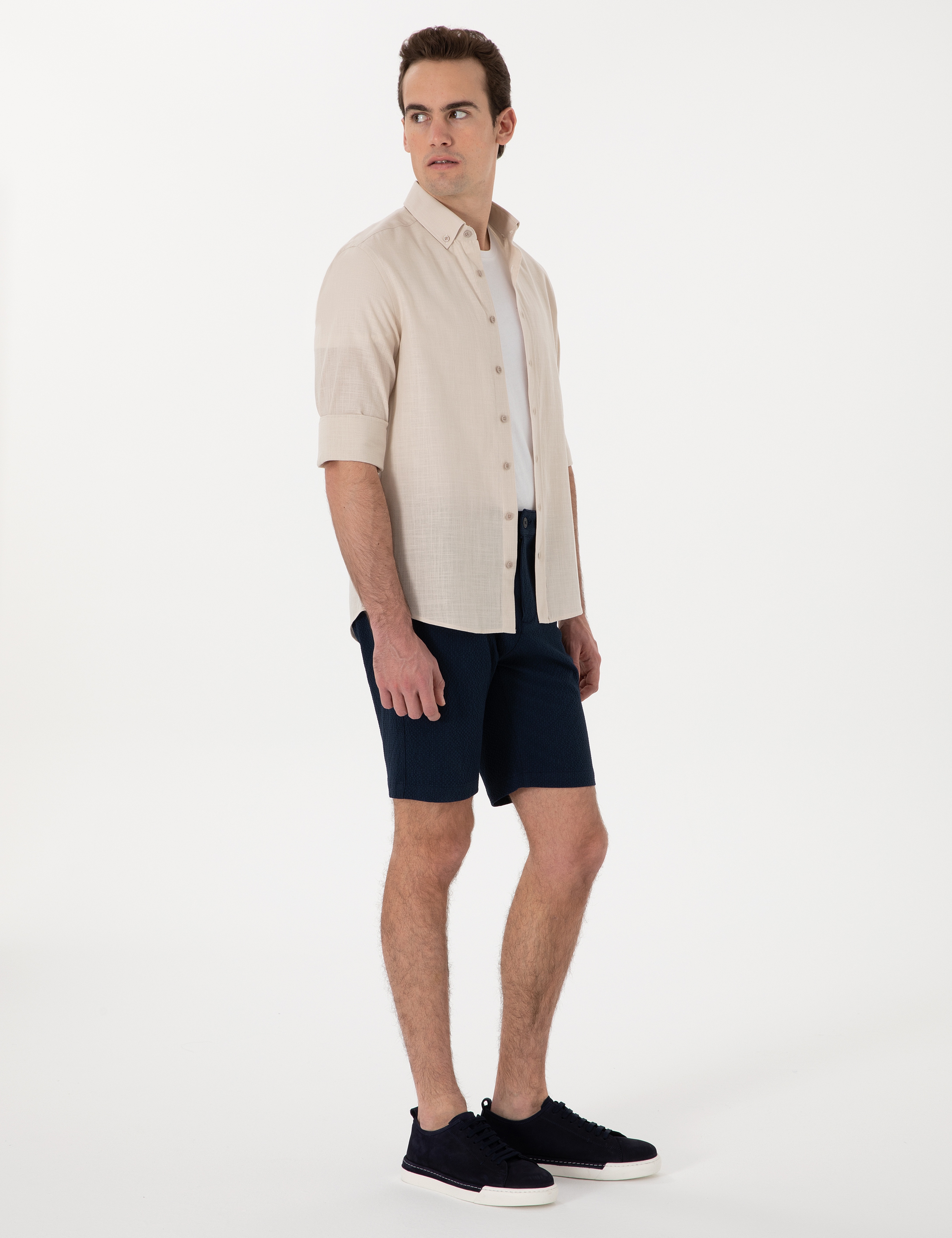 Lacivert Slim Fit Gofre Beli Lastikli Dokuma Şort