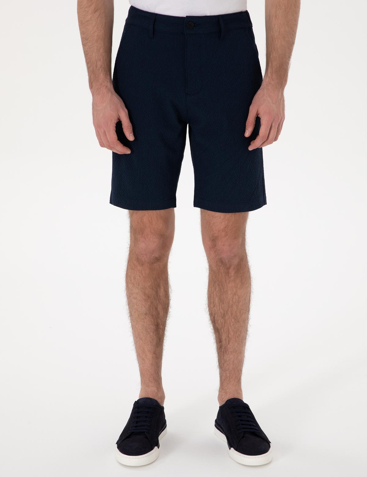 Lacivert Slim Fit Gofre Beli Lastikli Dokuma Şort - 50305289037