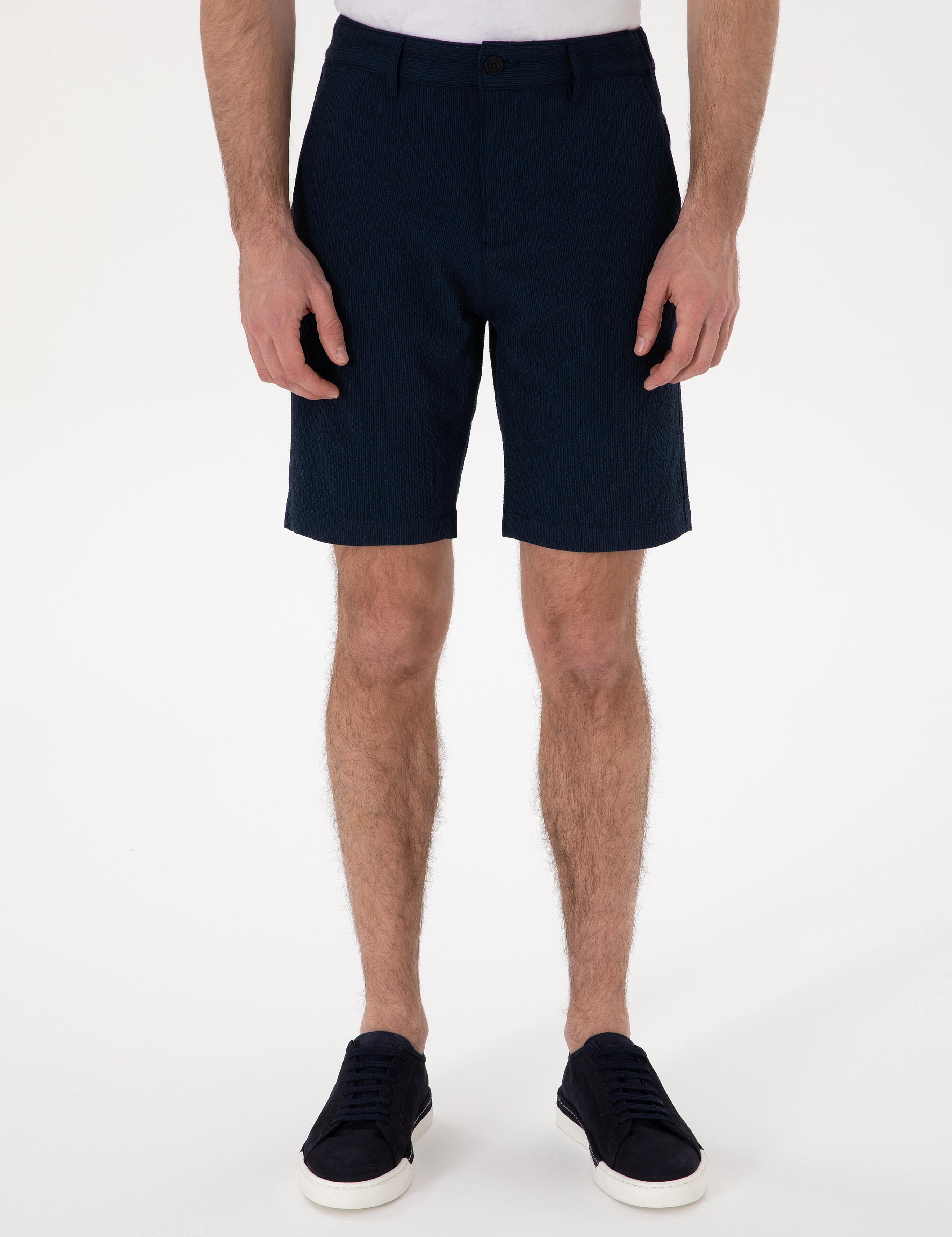 Lacivert Slim Fit Gofre Beli Lastikli Dokuma Şort