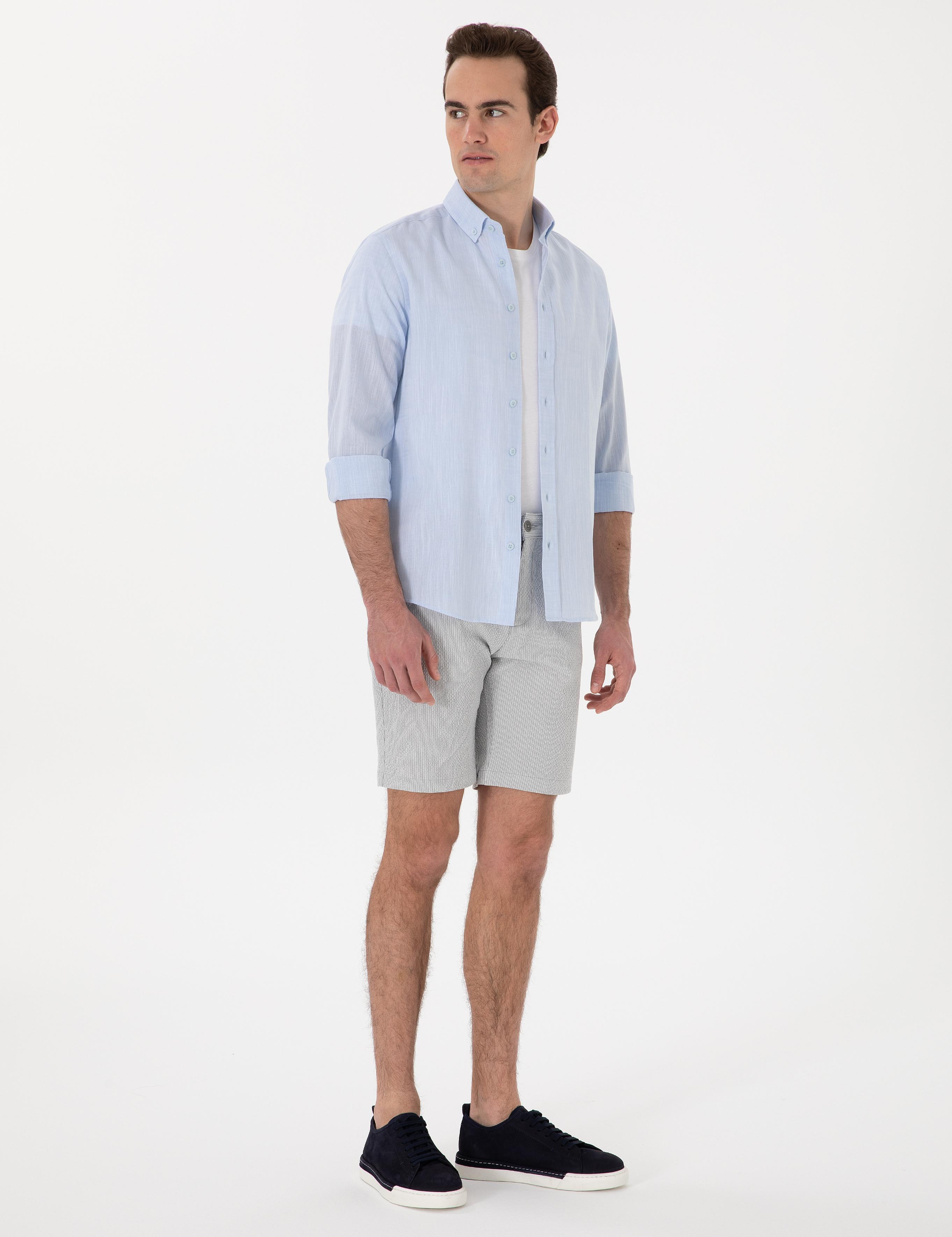 Gri Slim Fit Gofre Beli Lastikli Dokuma Şort