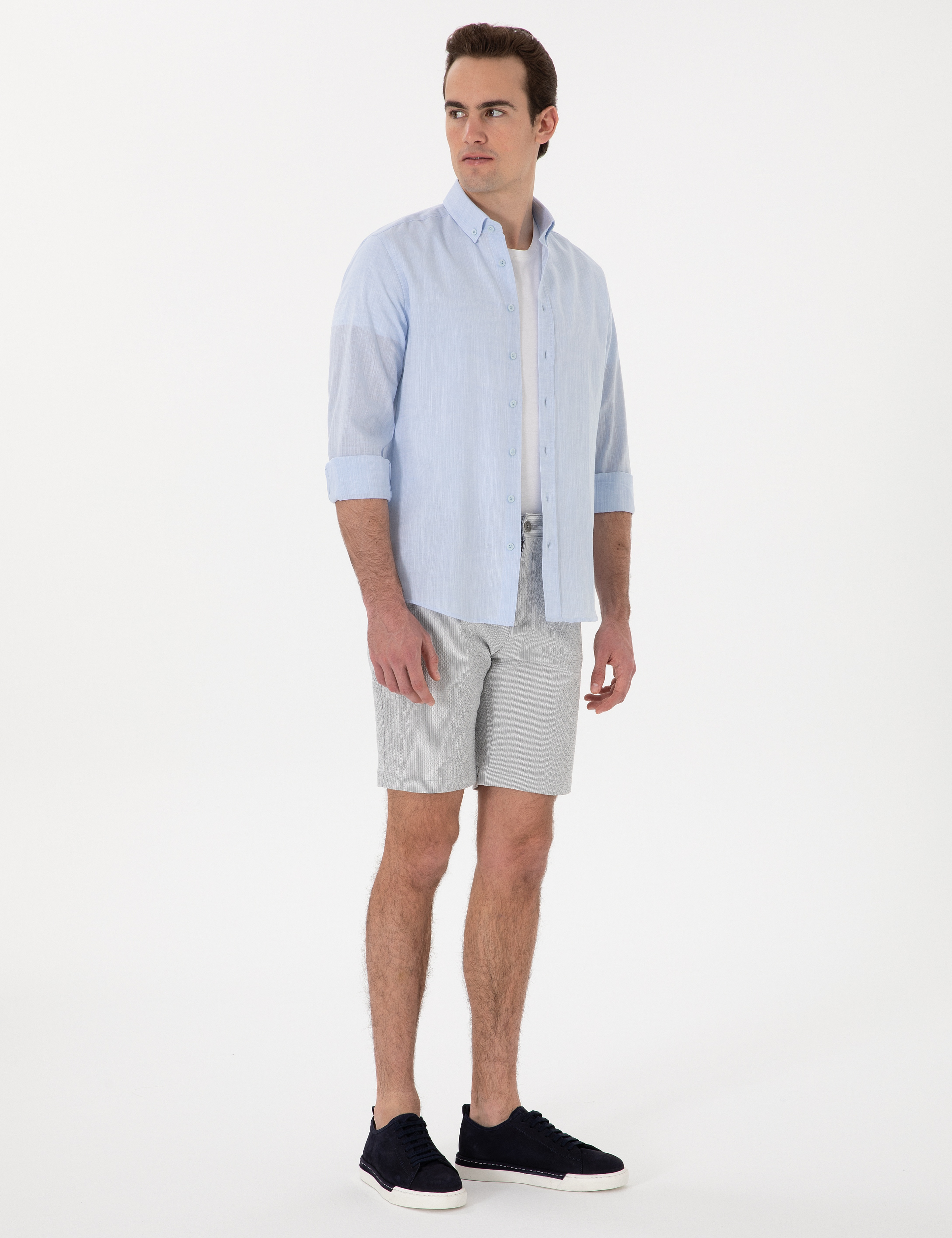 Gri Slim Fit Gofre Beli Lastikli Dokuma Şort - Image 3