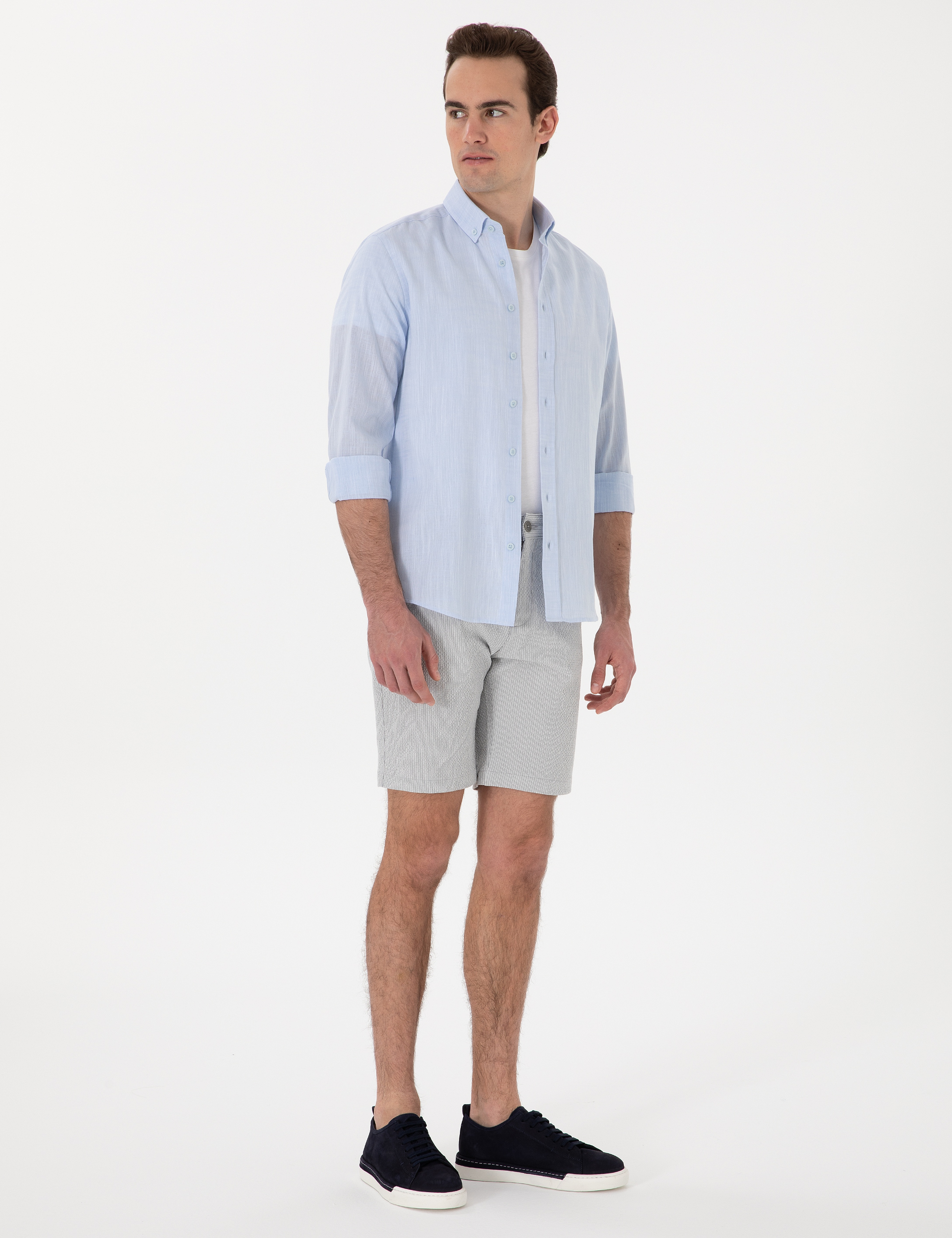 Gri Slim Fit Gofre Beli Lastikli Dokuma Şort