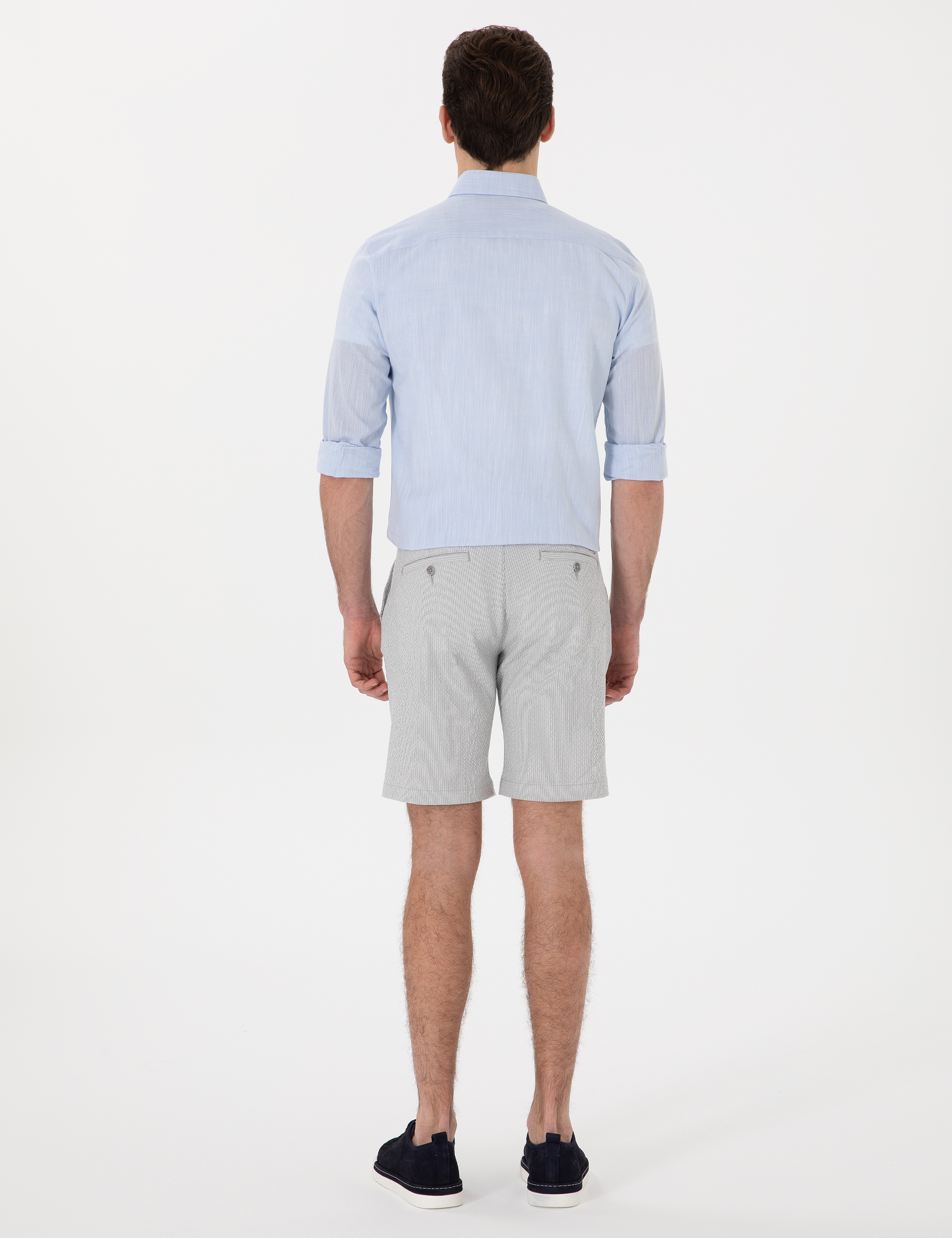 Gri Slim Fit Gofre Beli Lastikli Dokuma Şort - Image 4