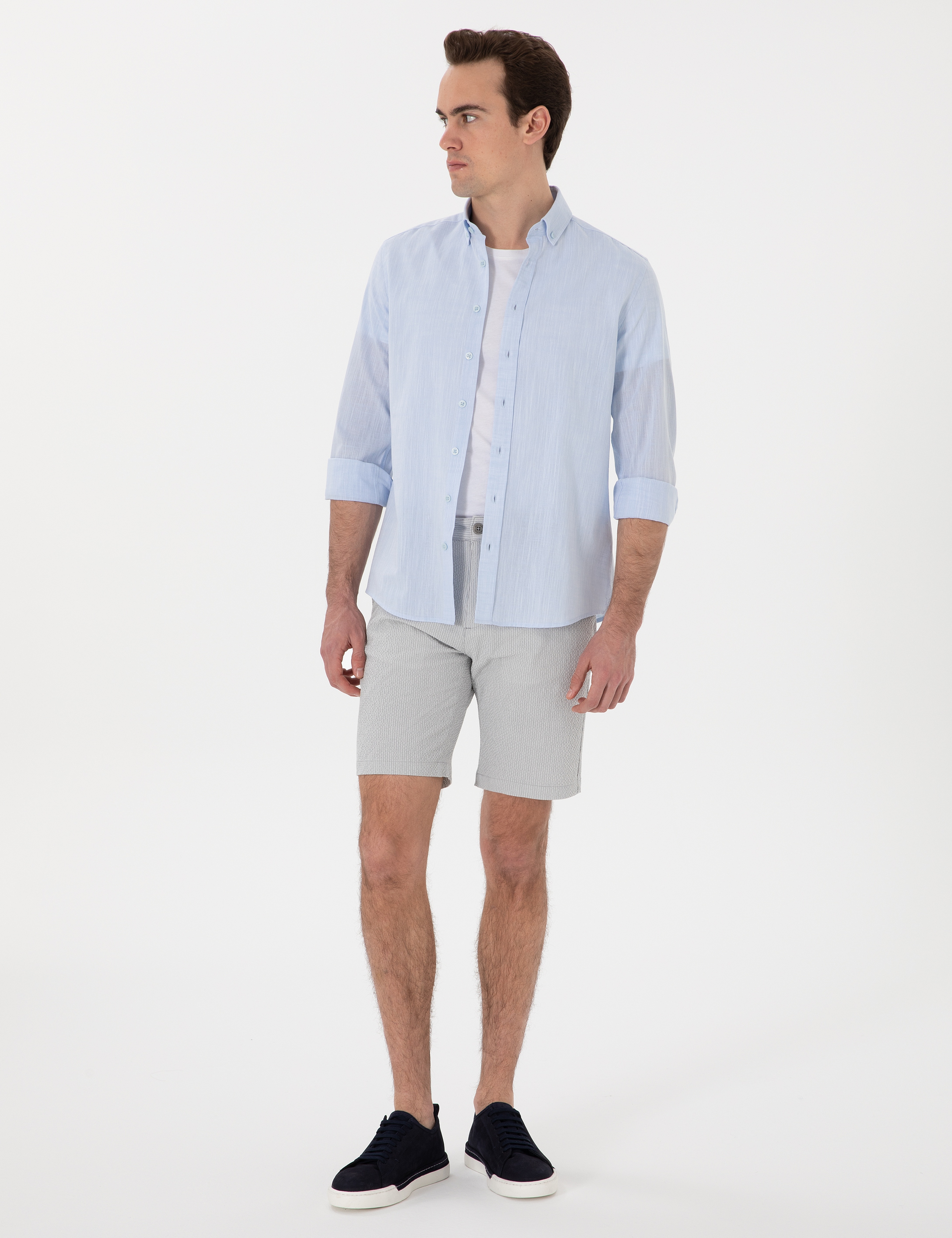 Gri Slim Fit Gofre Beli Lastikli Dokuma Şort