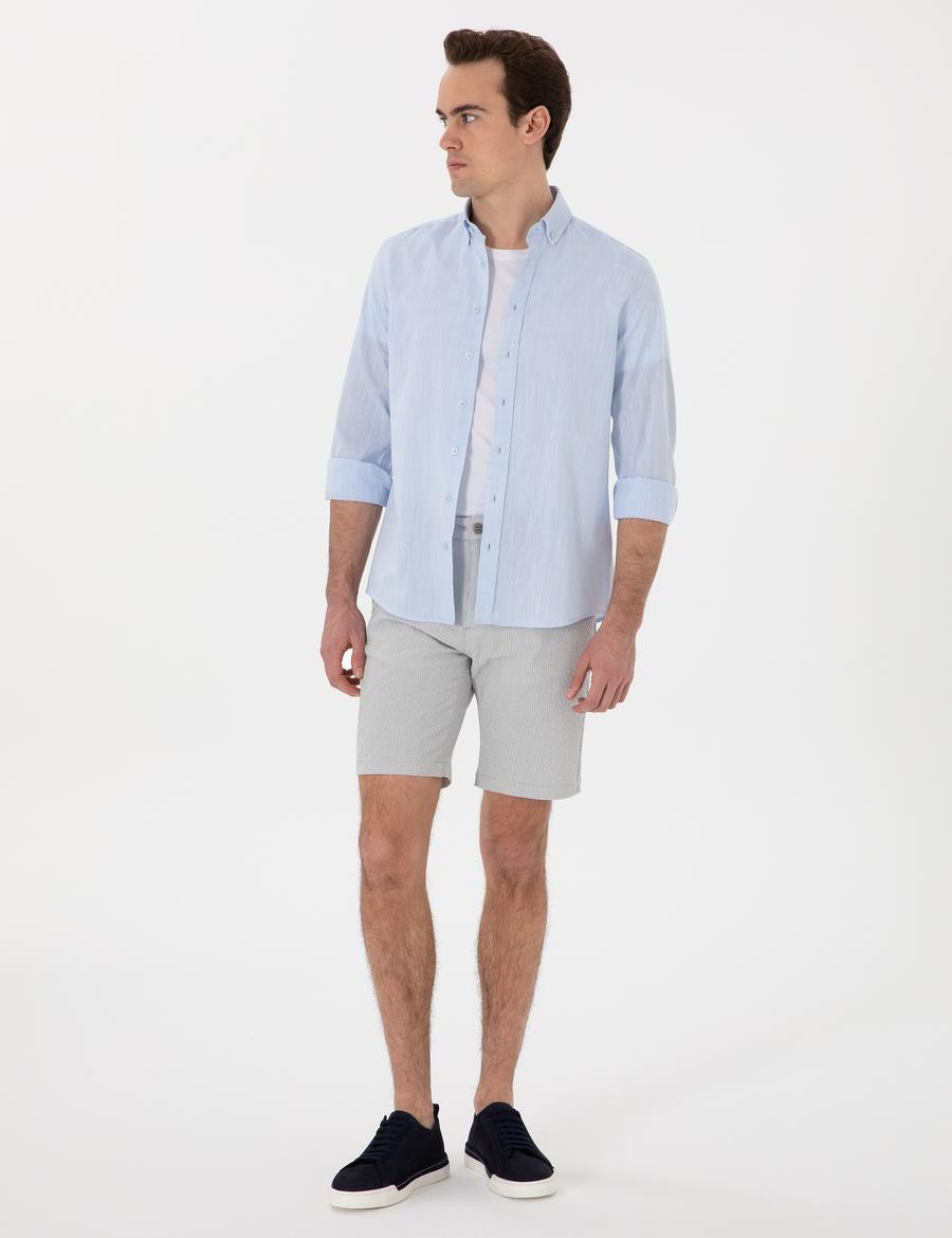 Gri Slim Fit Gofre Beli Lastikli Dokuma Şort