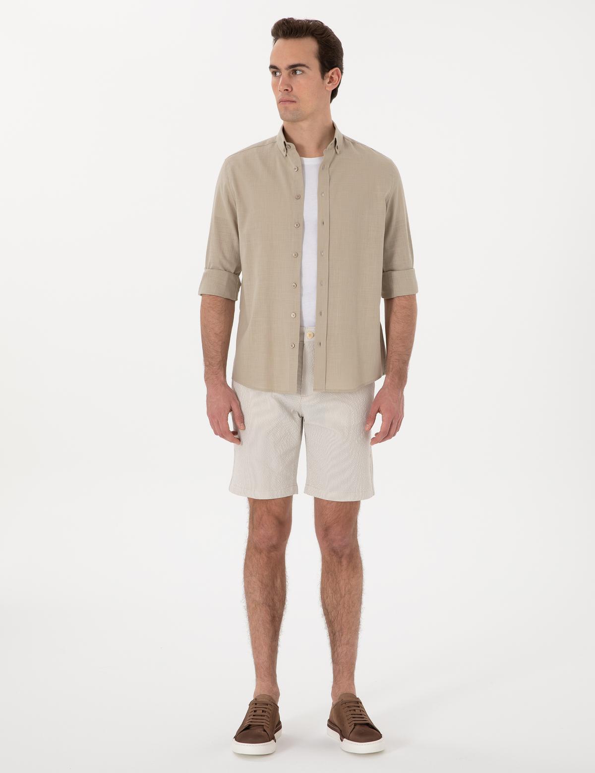 Bej Slim Fit Gofre Beli Lastikli Dokuma Şort