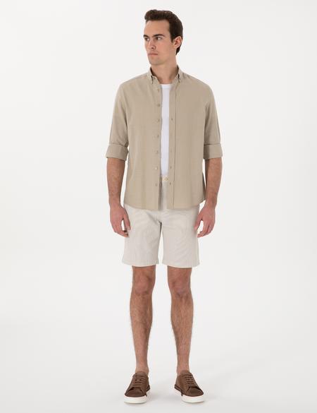 Bej Slim Fit Gofre Beli Lastikli Dokuma Şort - 50305289010