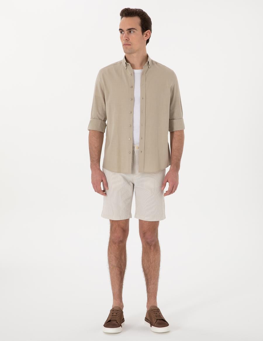 Bej Slim Fit Gofre Beli Lastikli Dokuma Şort