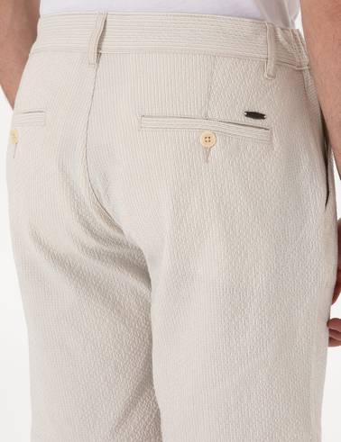 Bej Slim Fit Gofre Beli Lastikli Dokuma Şort