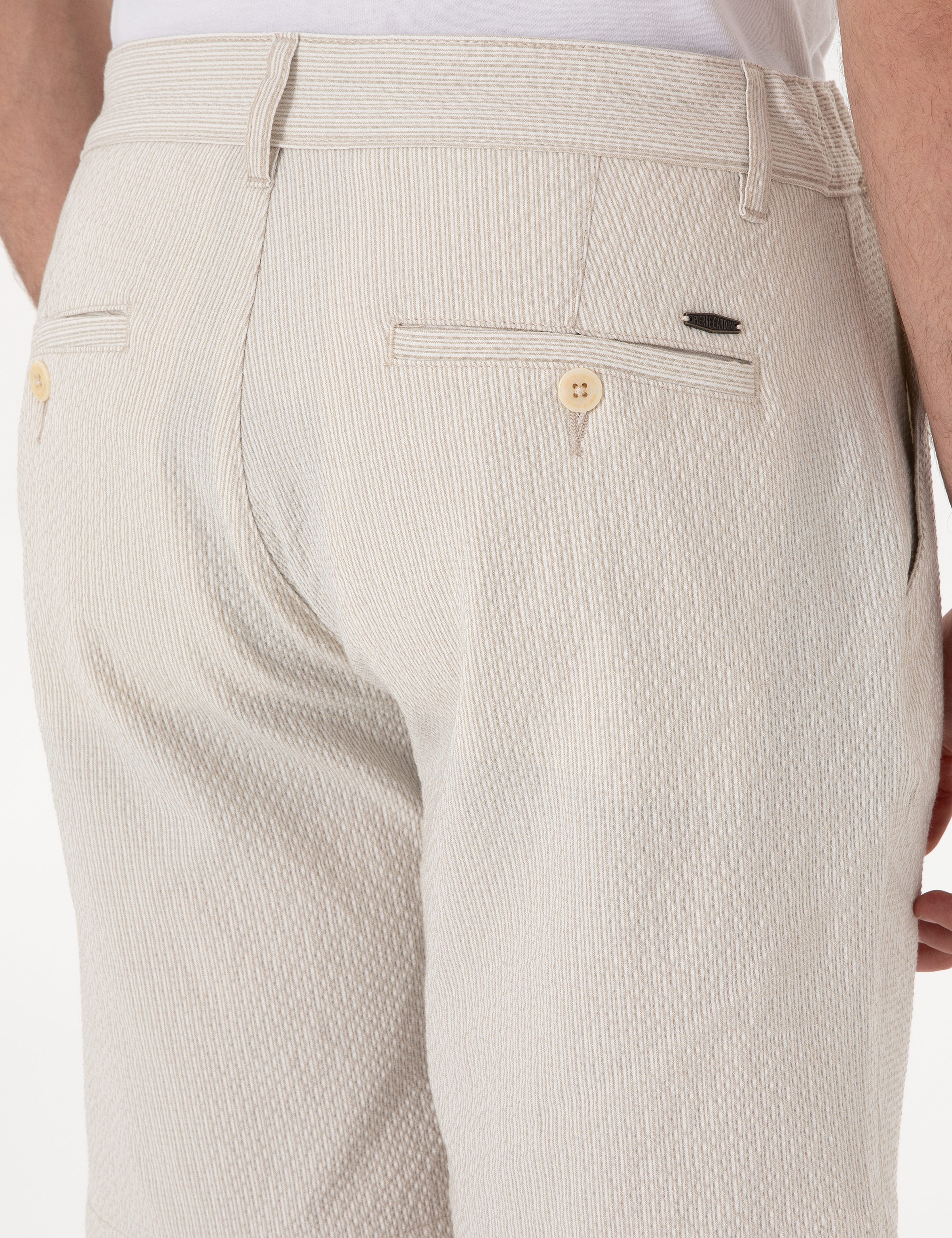 Bej Slim Fit Gofre Beli Lastikli Dokuma Şort - Image 6