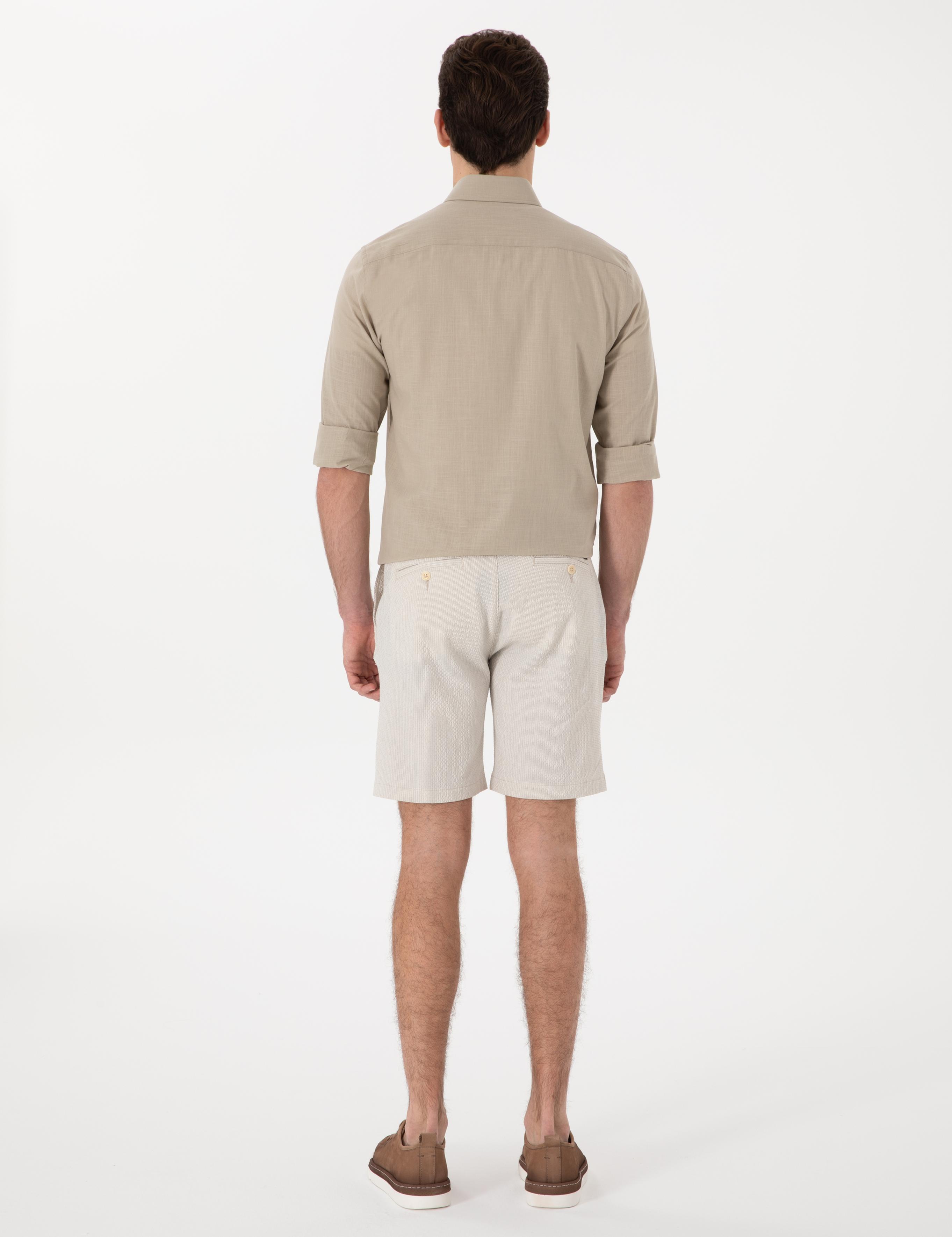 Bej Slim Fit Gofre Beli Lastikli Dokuma Şort