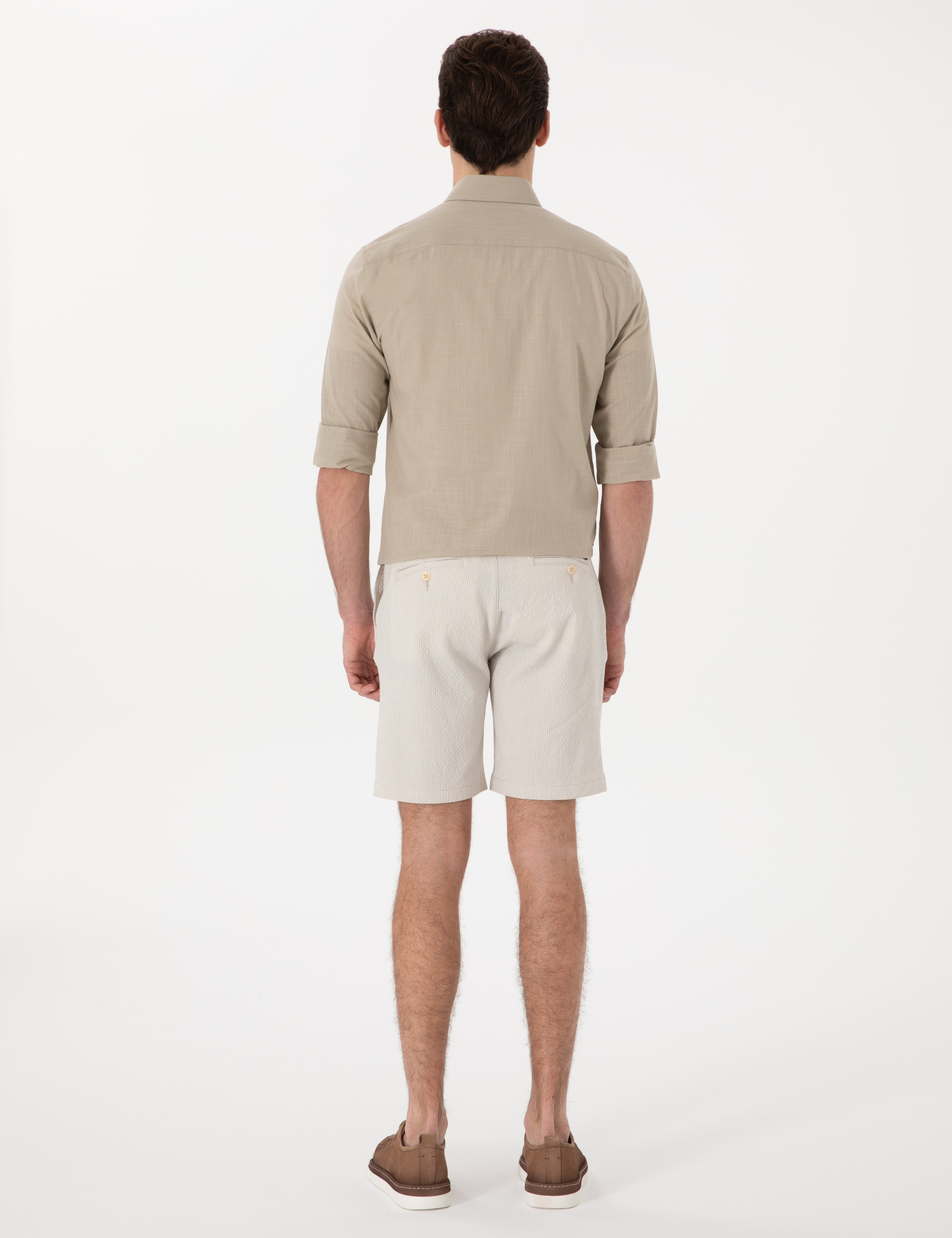 Bej Slim Fit Gofre Beli Lastikli Dokuma Şort - Image 4