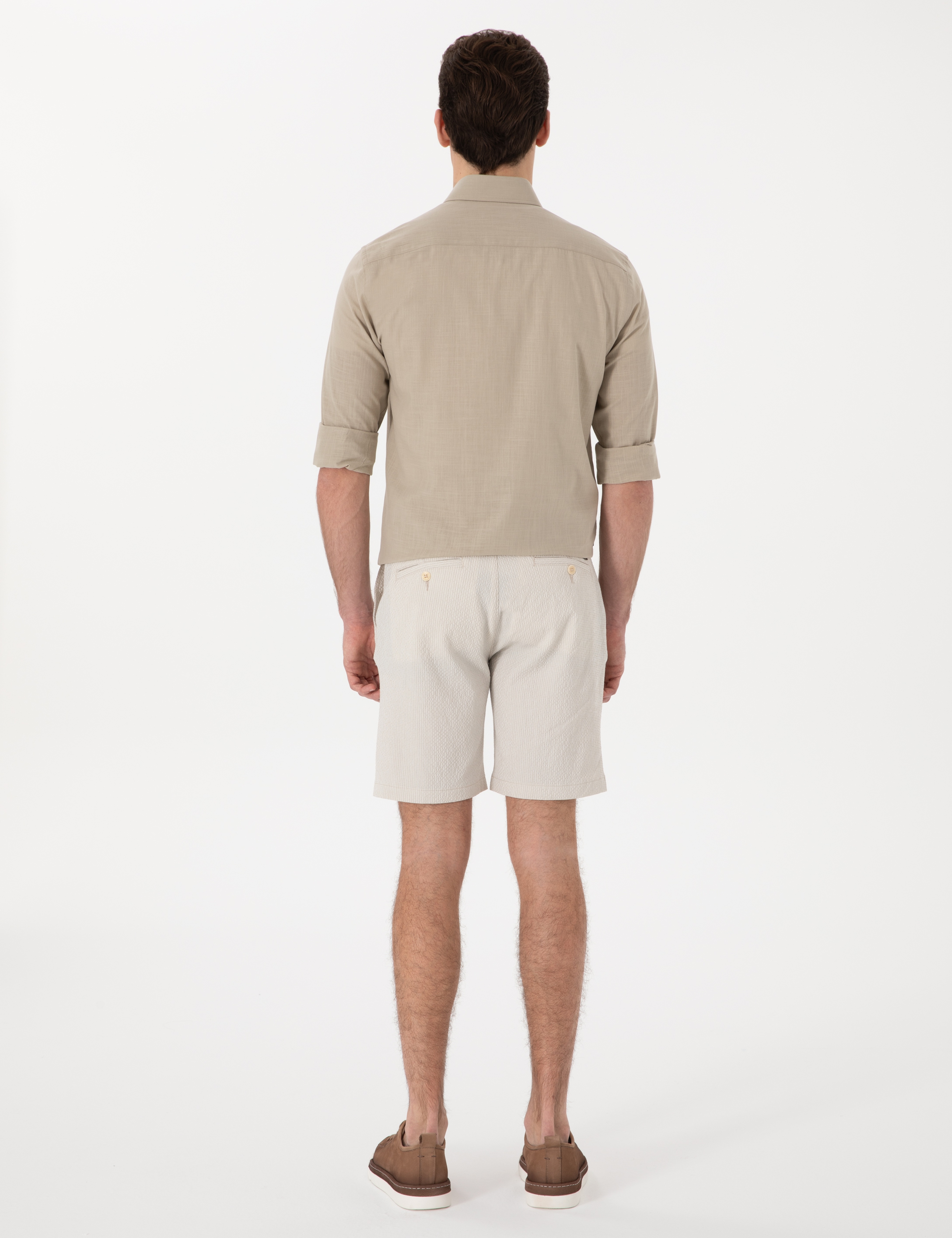 Bej Slim Fit Gofre Beli Lastikli Dokuma Şort