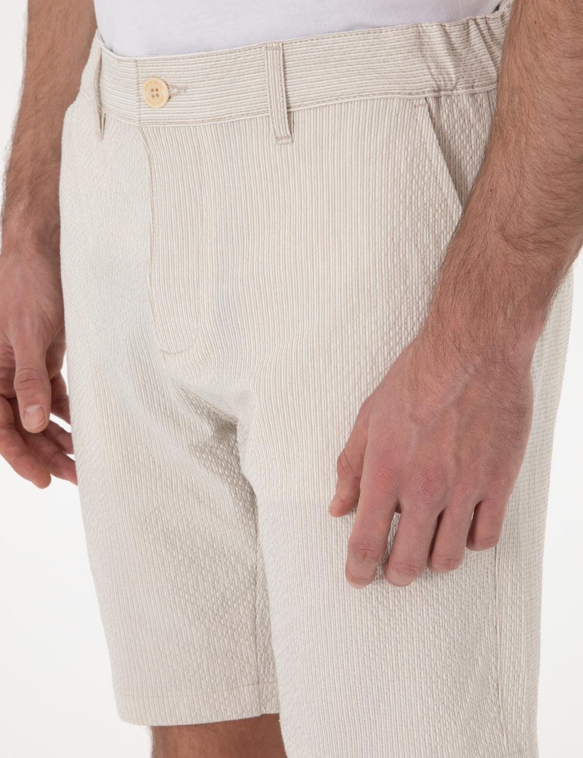 Bej Slim Fit Gofre Beli Lastikli Dokuma Şort - 50305289010