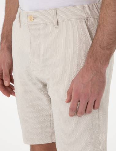 Bej Slim Fit Gofre Beli Lastikli Dokuma Şort