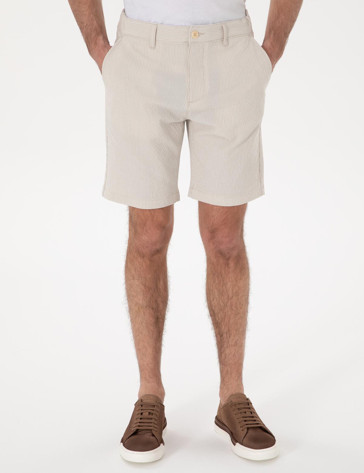 Bej Slim Fit Gofre Beli Lastikli Dokuma Şort - 50305289010