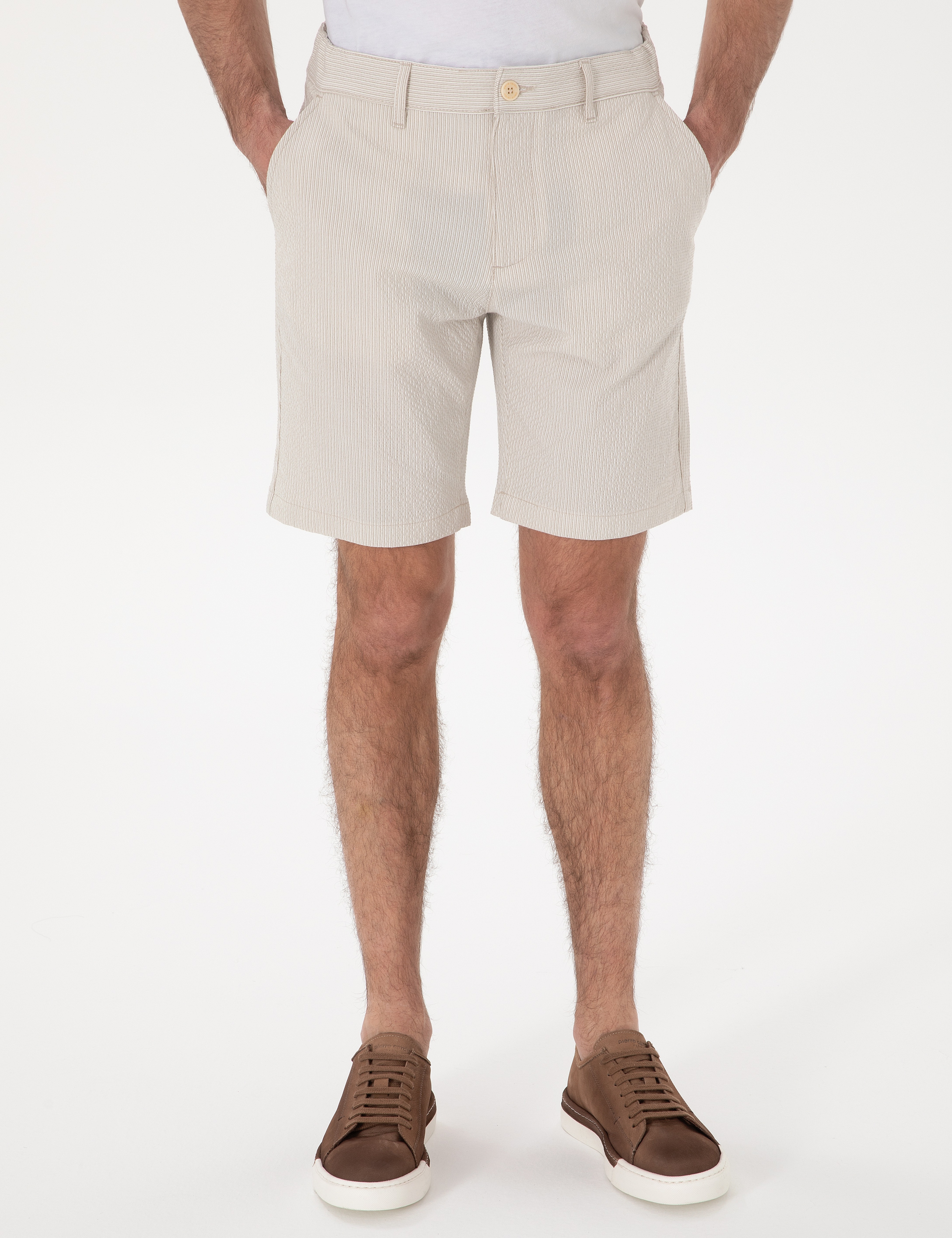 Bej Slim Fit Gofre Beli Lastikli Dokuma Şort