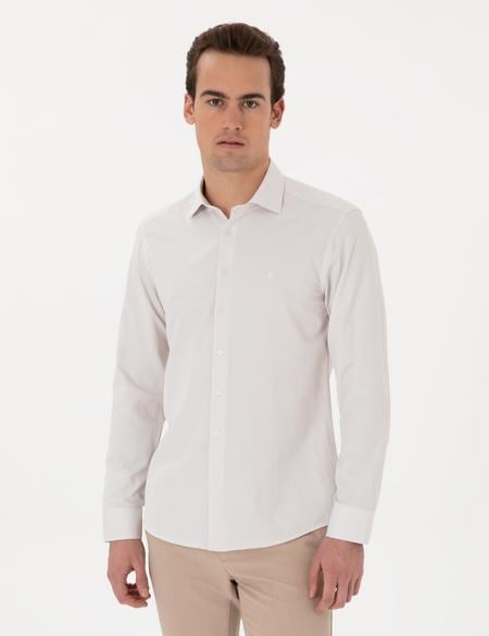 Bej İtalyan Yaka Çizgili Uzun Kollu Gömlek - 50306074001