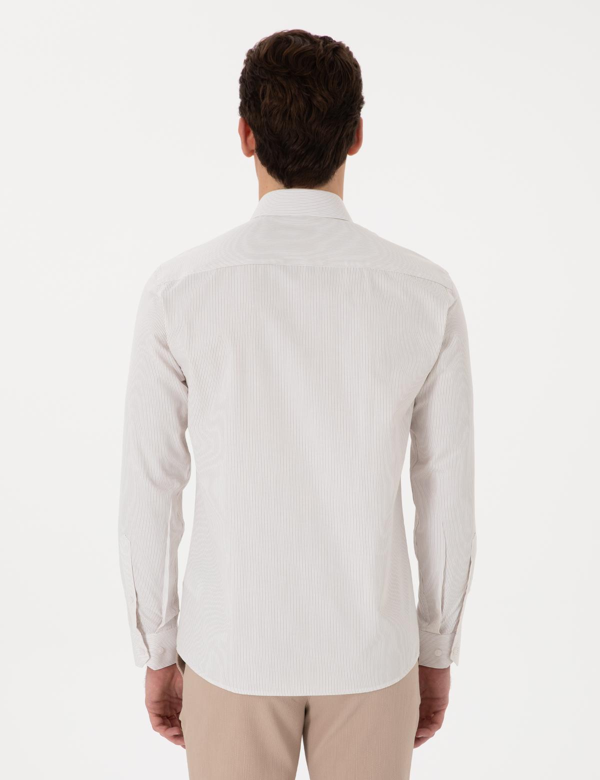 Bej İtalyan Yaka Çizgili Uzun Kollu Gömlek - 50306074001