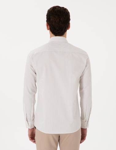 Bej İtalyan Yaka Çizgili Uzun Kollu Gömlek