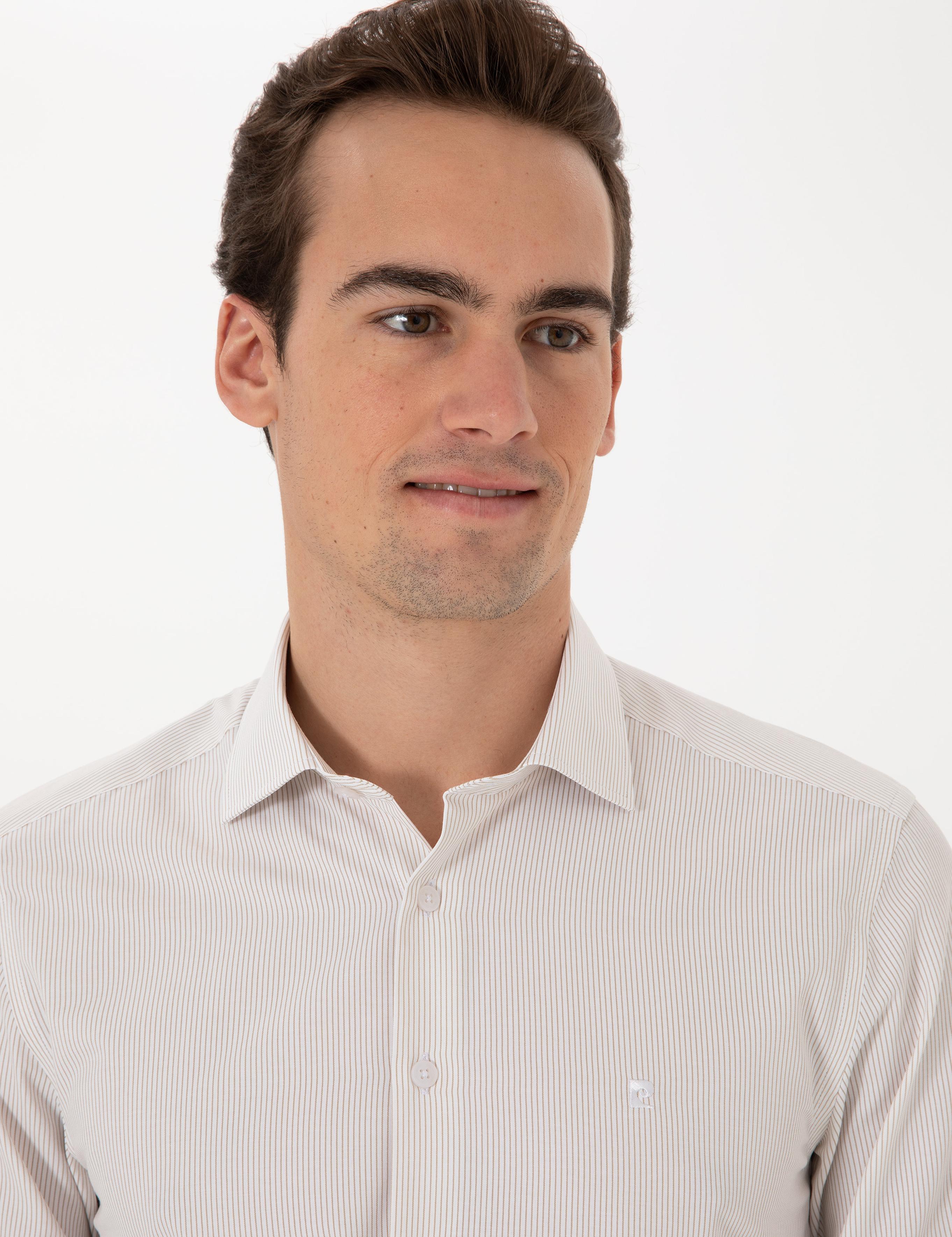 Bej İtalyan Yaka Çizgili Uzun Kollu Gömlek