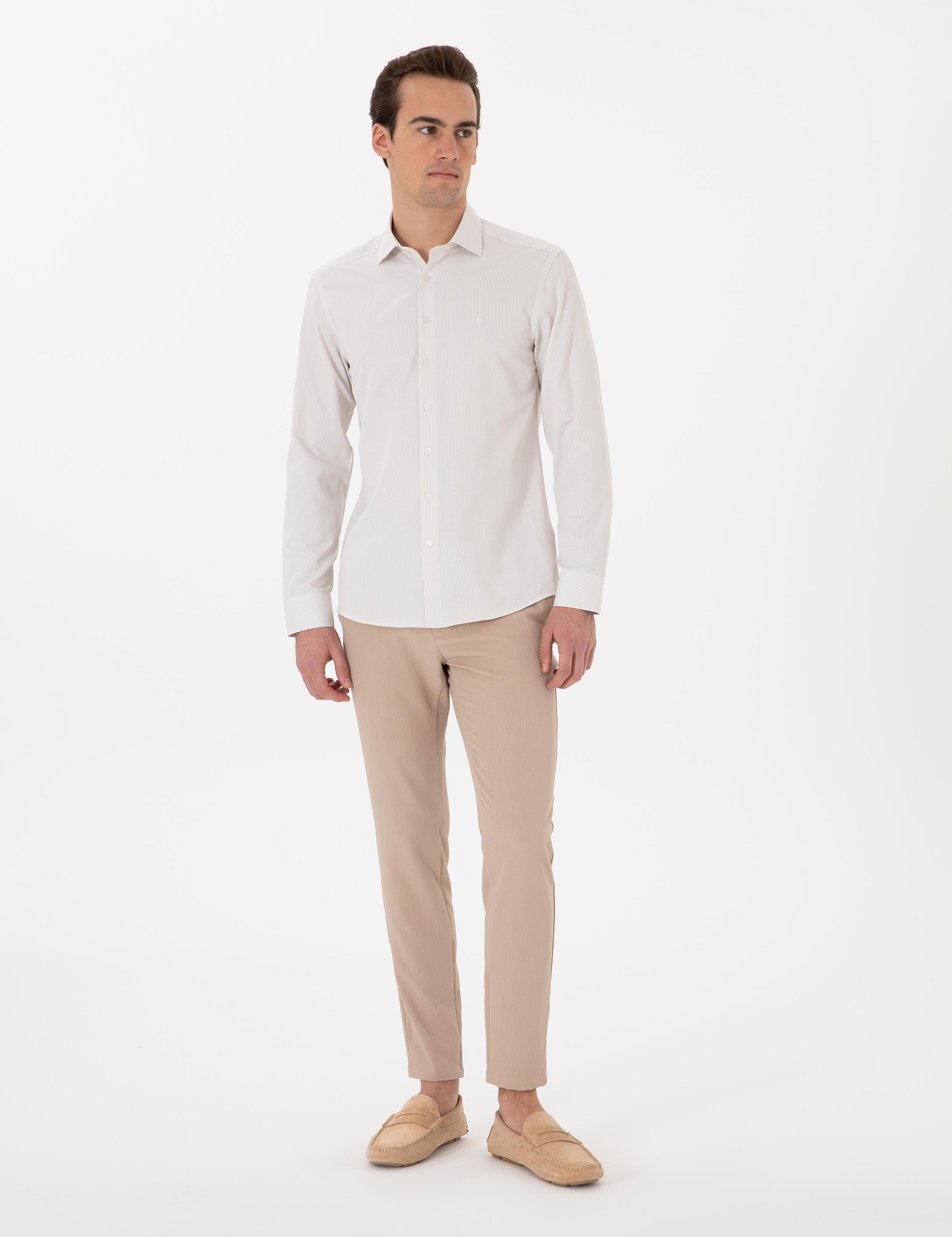 Bej İtalyan Yaka Çizgili Uzun Kollu Gömlek