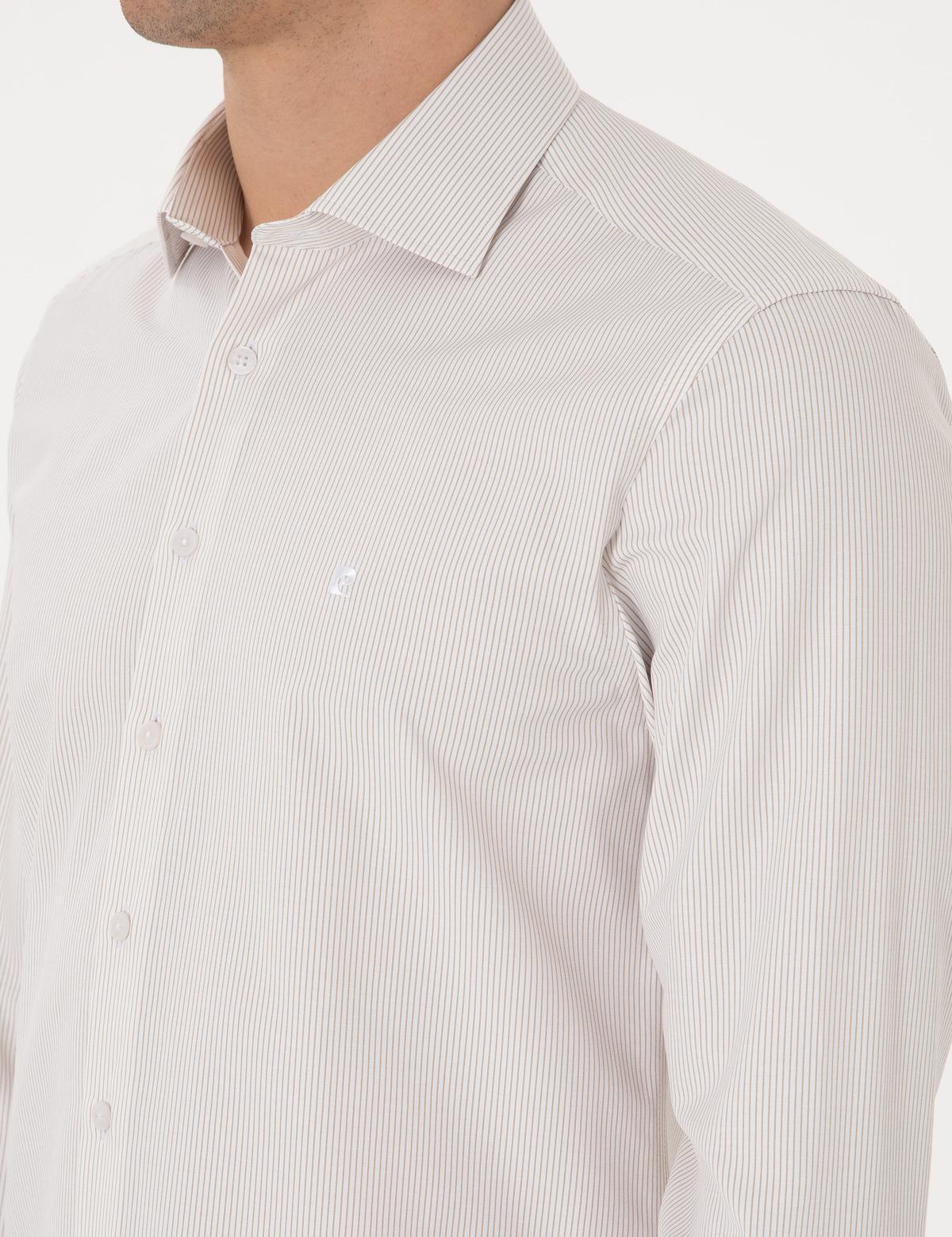 Bej İtalyan Yaka Çizgili Uzun Kollu Gömlek - 50306074001
