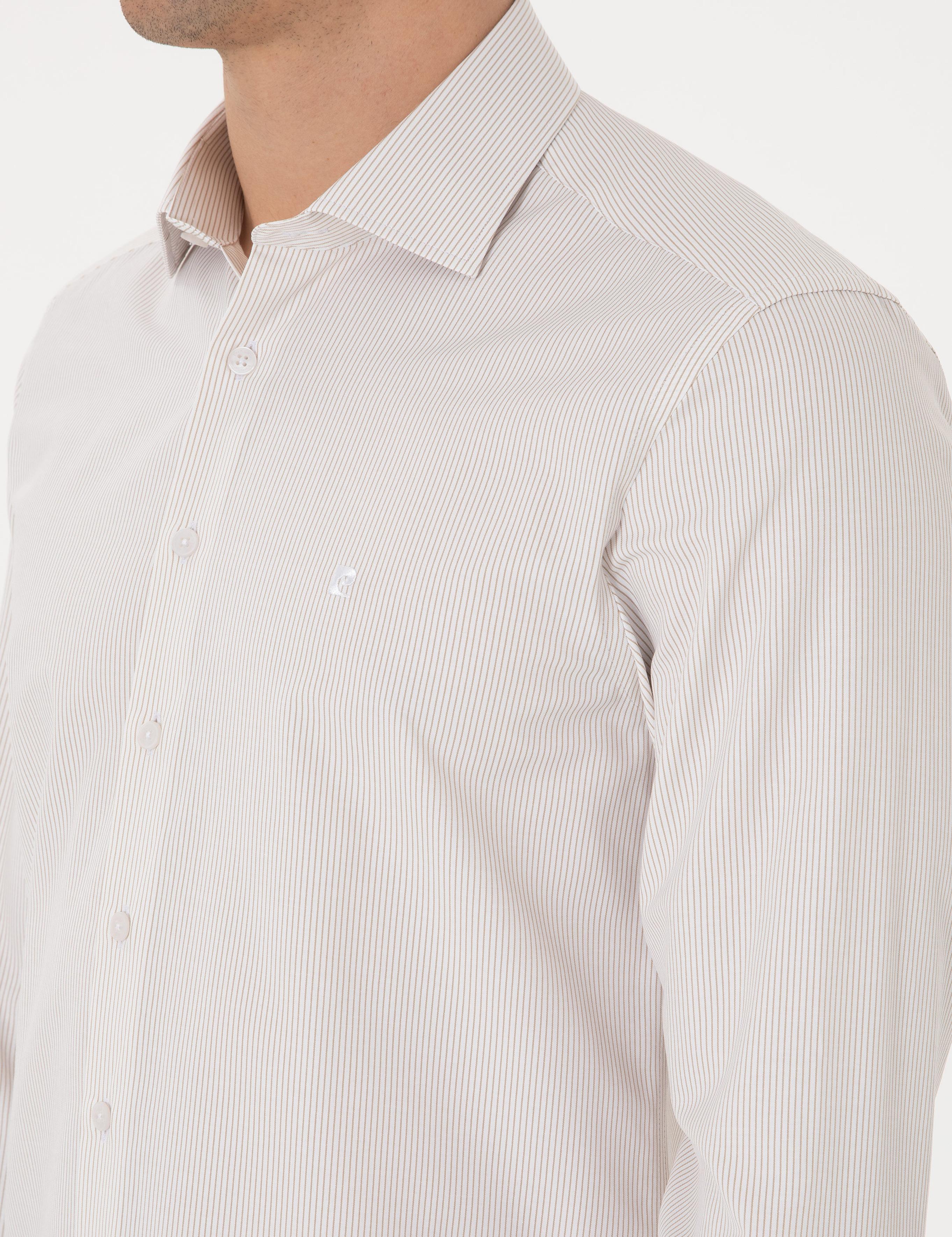 Bej İtalyan Yaka Çizgili Uzun Kollu Gömlek