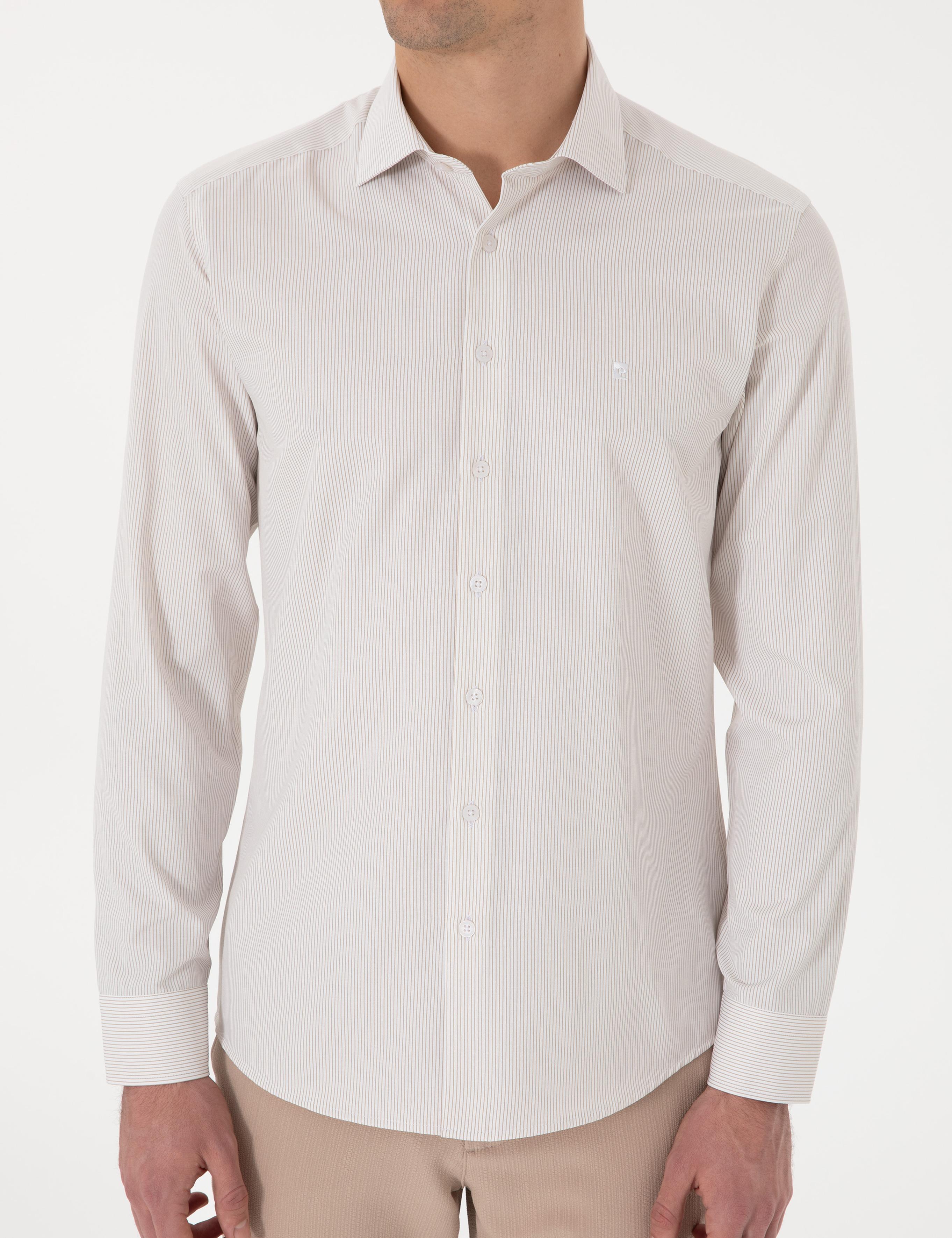 Bej İtalyan Yaka Çizgili Uzun Kollu Gömlek