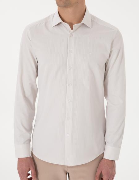 Bej İtalyan Yaka Çizgili Uzun Kollu Gömlek - 50306074001