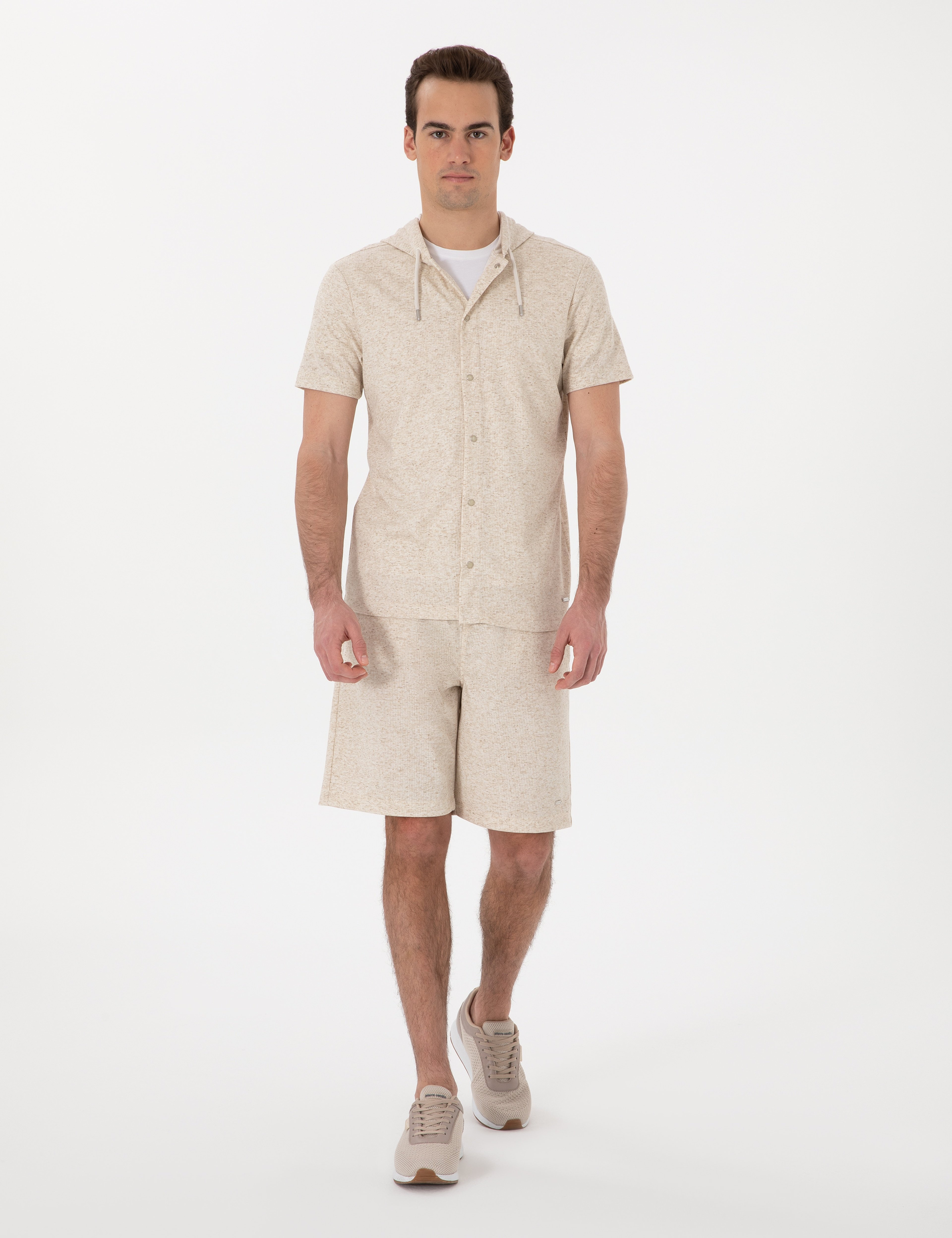 Bej Comfort Fit Keten Karışımlı Örme Şort - Image 1