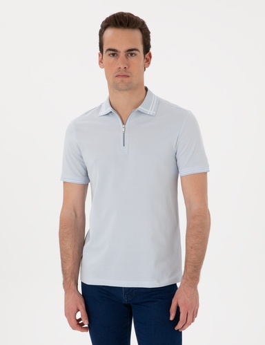 Açık Mavi Slim Fit %100 Pamuk Fermuarlı Polo Yaka Tişört